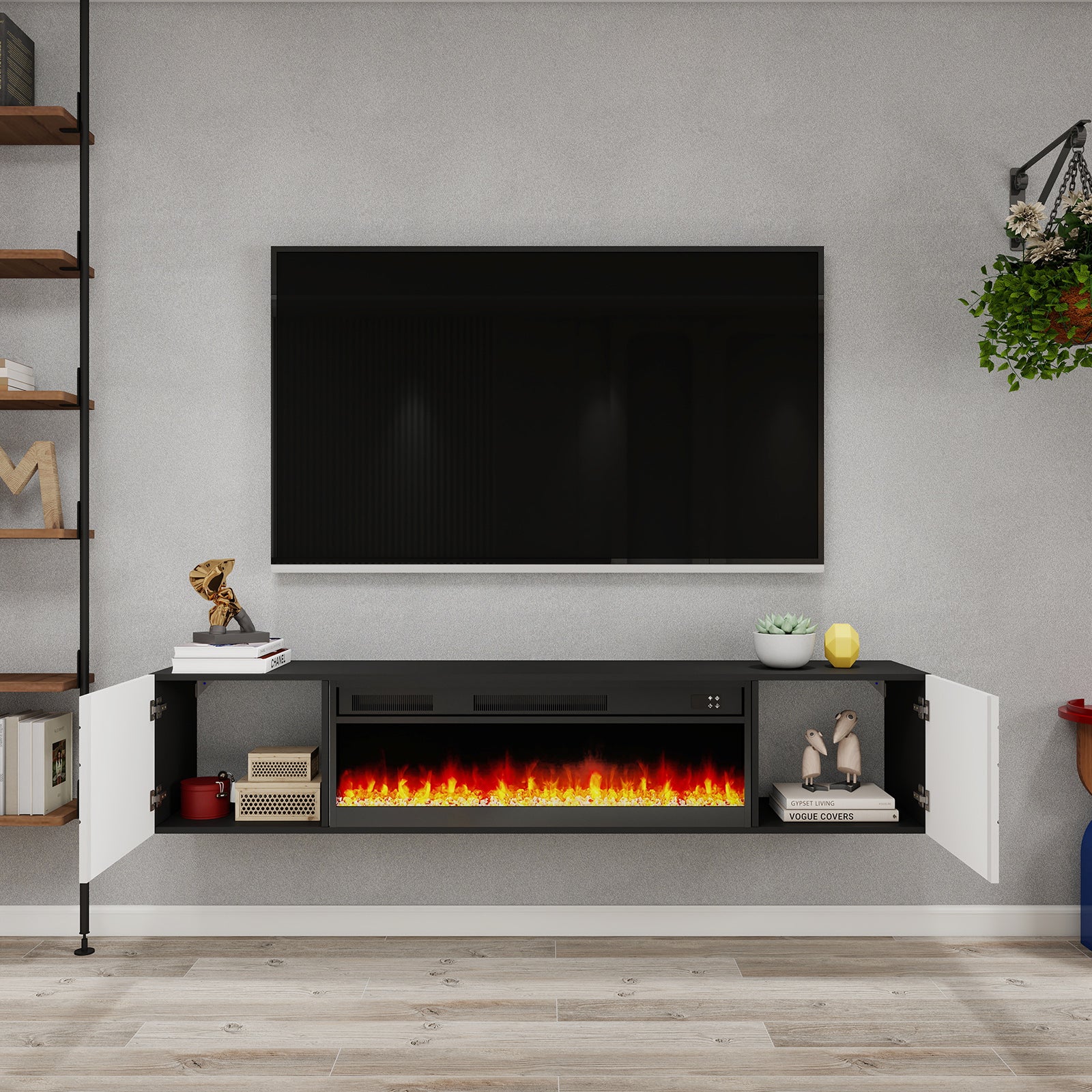 Dakar - Floating TV Stand with Fireplace and LED - Entertainment Unit - Black and White - 67 in.