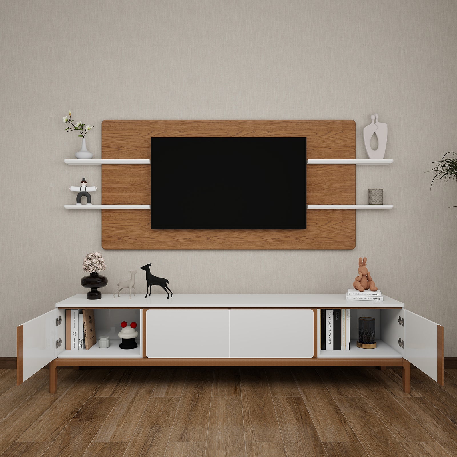 Milano - Wall Panel TV Unit - Greige and Walnut - 86"