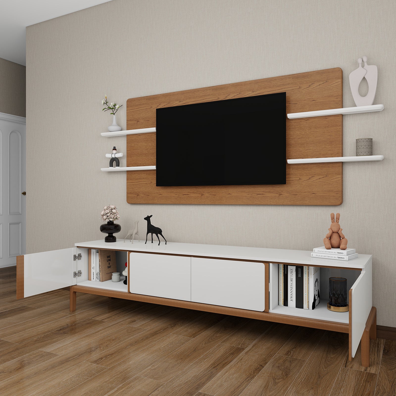 Milano - Wall Panel TV Unit - Greige and Walnut - 86"