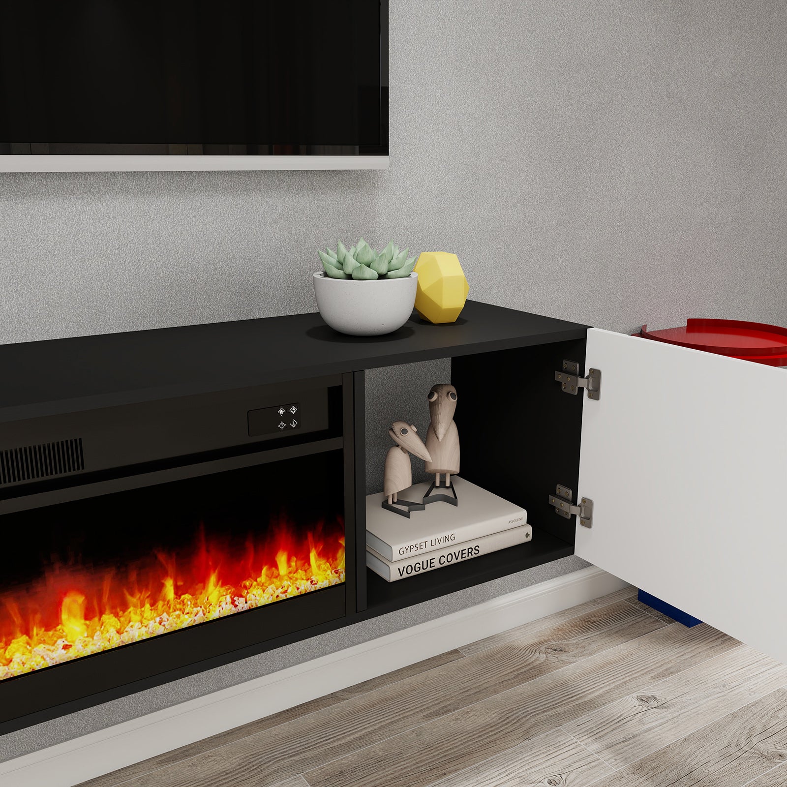 Dakar - Floating TV Stand with Fireplace and LED - Entertainment Unit - Black and White - 67 in.