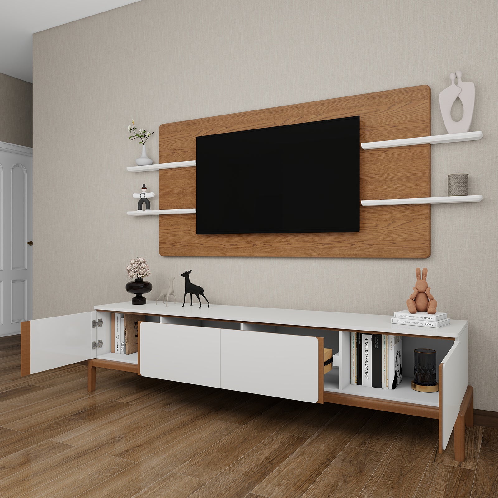 Milano - Wall Panel TV Unit - Greige and Walnut - 86"