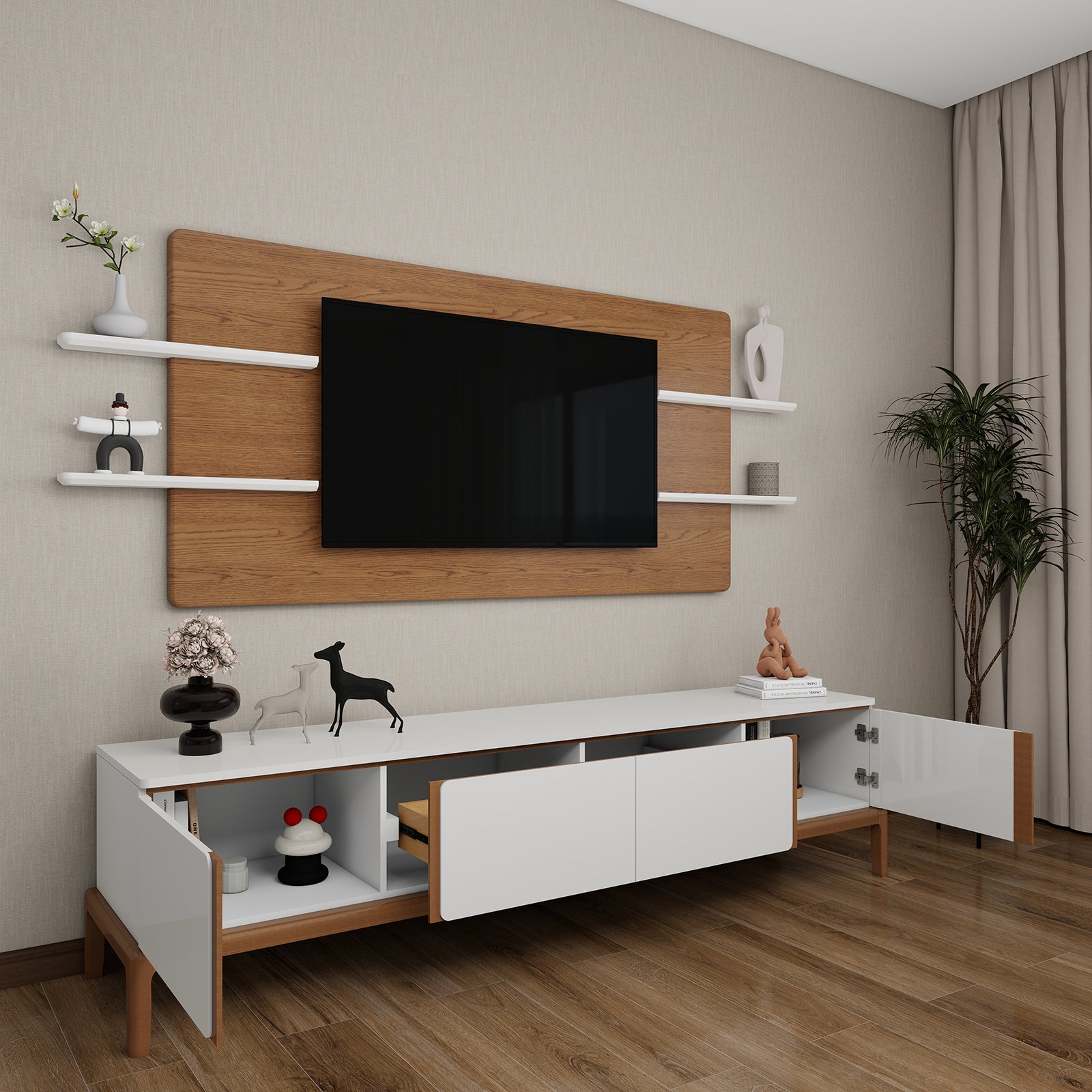 Milano - Wall Panel TV Unit - Greige and Walnut - 86"