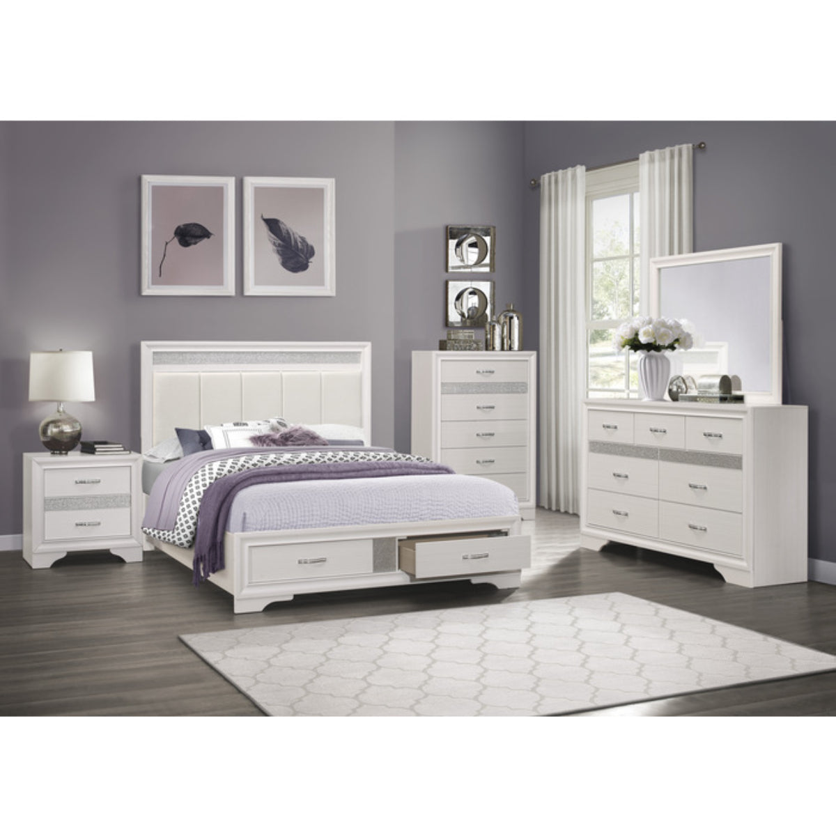 Luster - Queen Bed - White Faux Leather and White Wood
