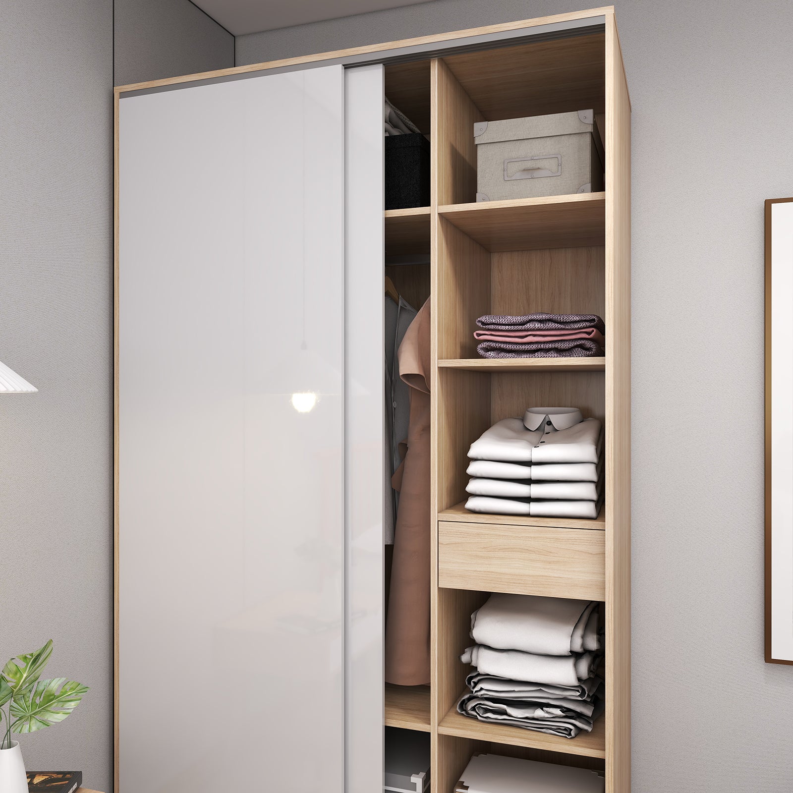 Vista - Wardrobe - Sliding Doors - Glossy White and Oak