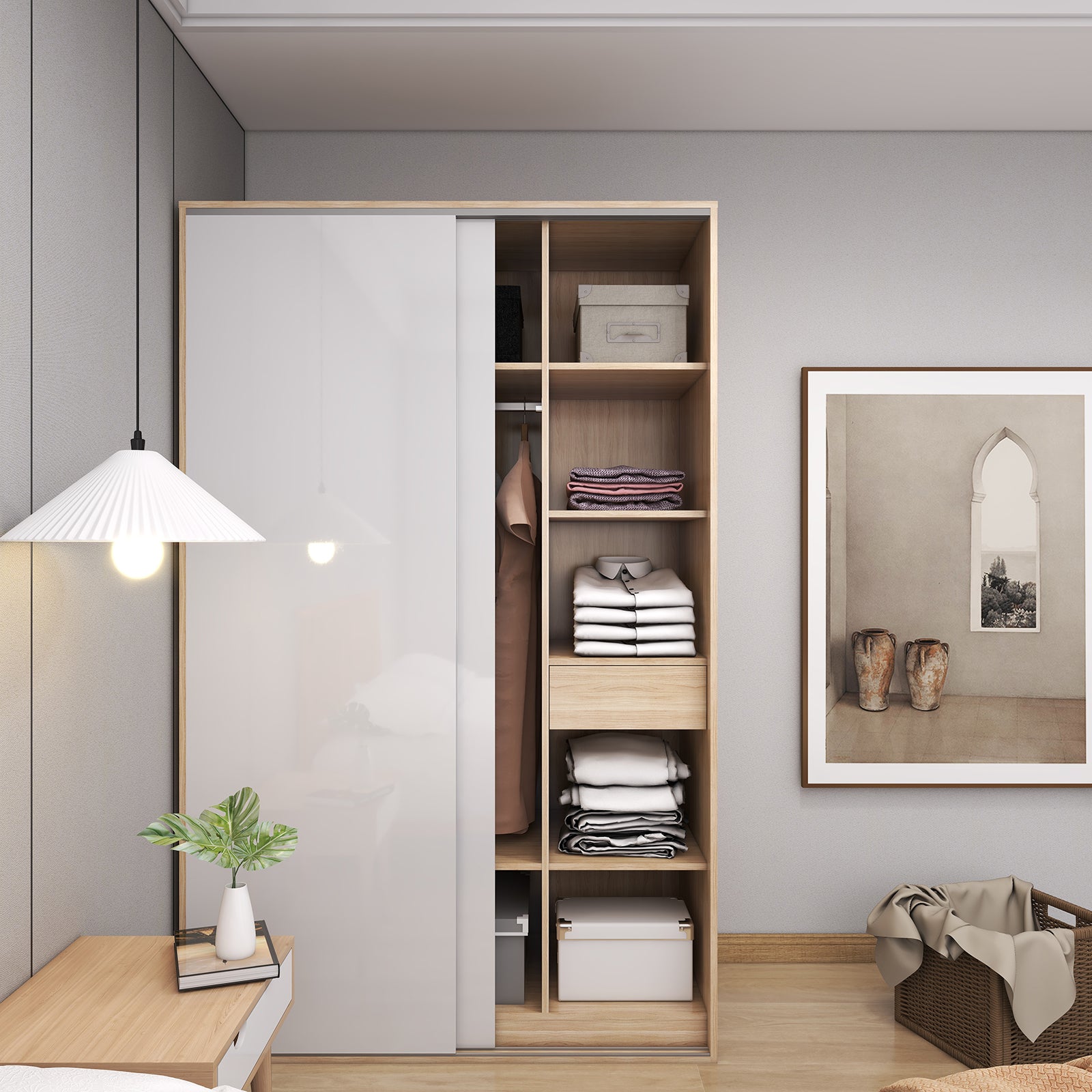 Vista - Wardrobe - Sliding Doors - Glossy White and Oak