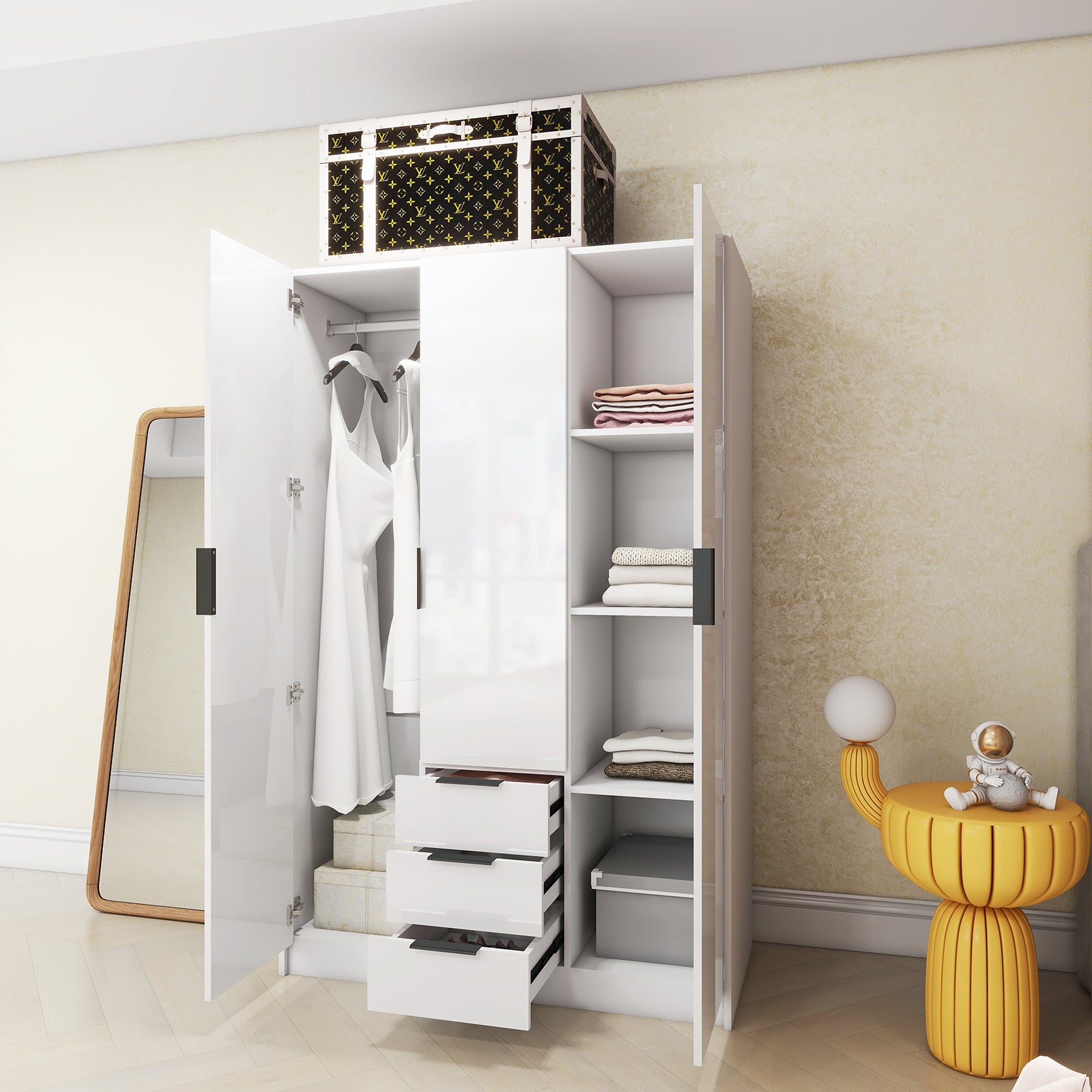 Vox - Wardrobe - 3 Doors and 3 Drawers - Glossy White