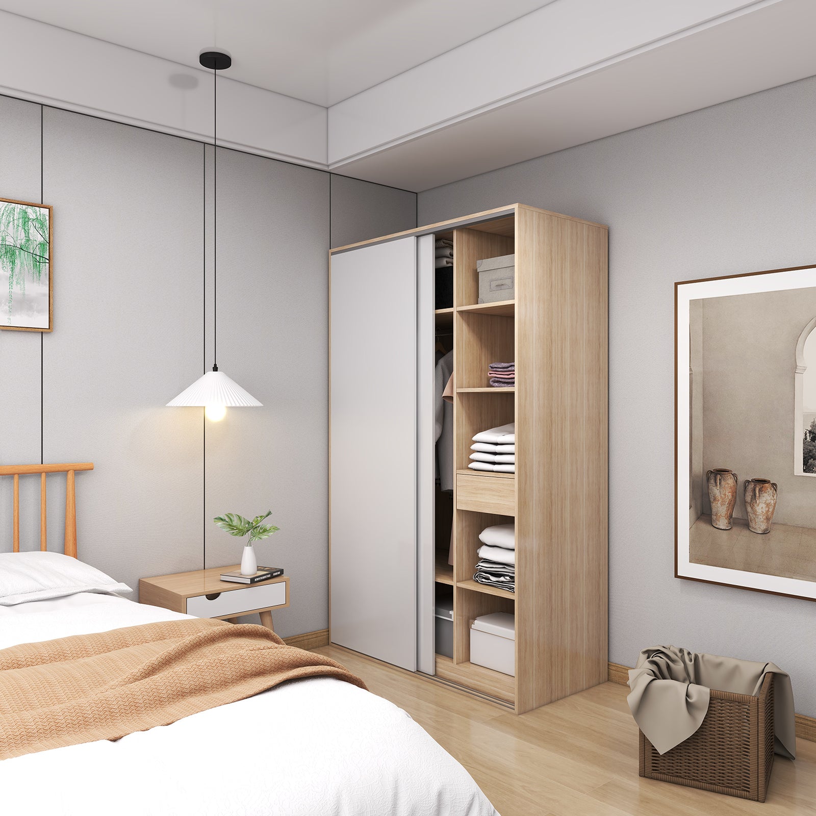 Vista - Wardrobe - Sliding Doors - Glossy White and Oak