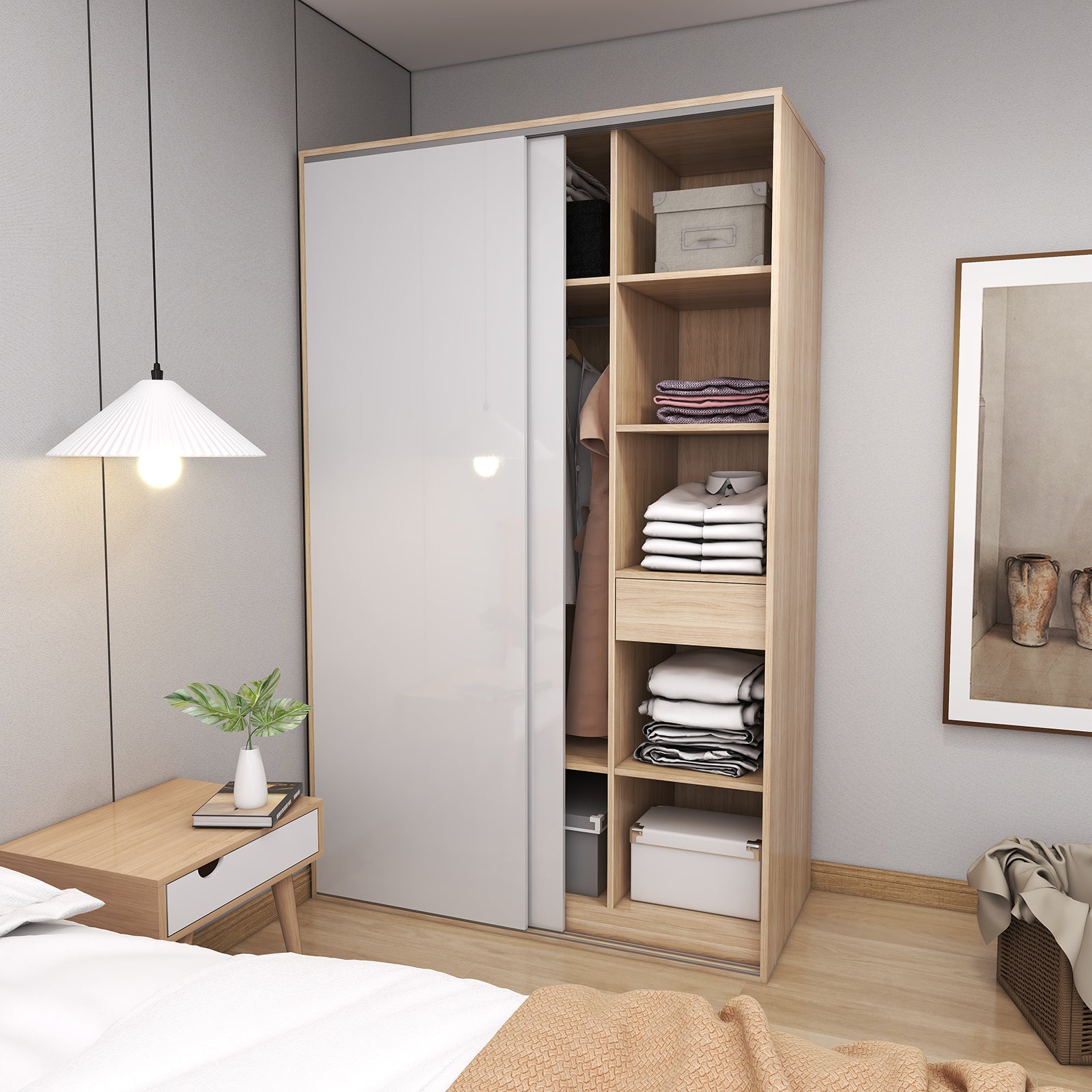 Vista - Wardrobe - Sliding Doors - Glossy White and Oak