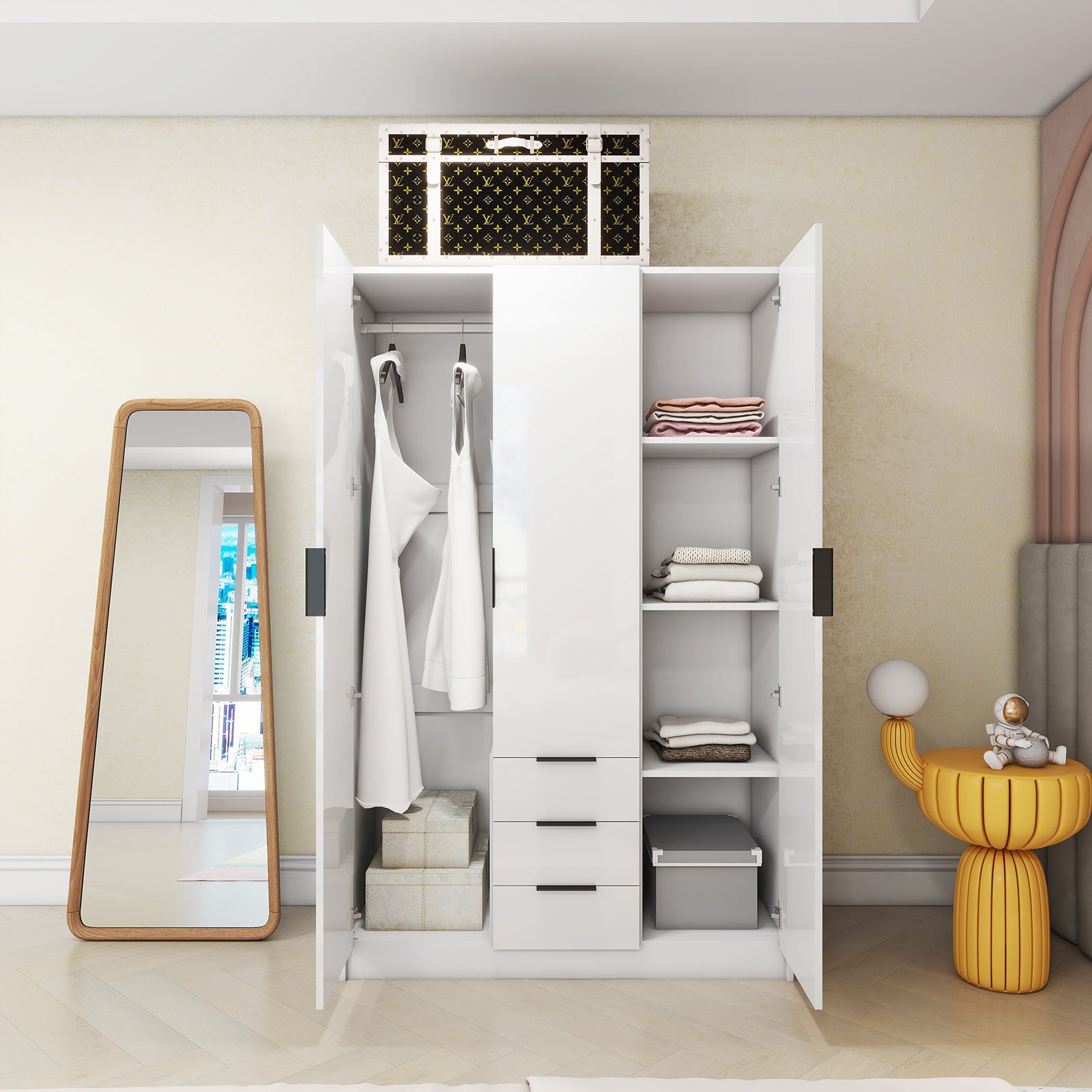 Vox - Wardrobe - 3 Doors and 3 Drawers - Glossy White