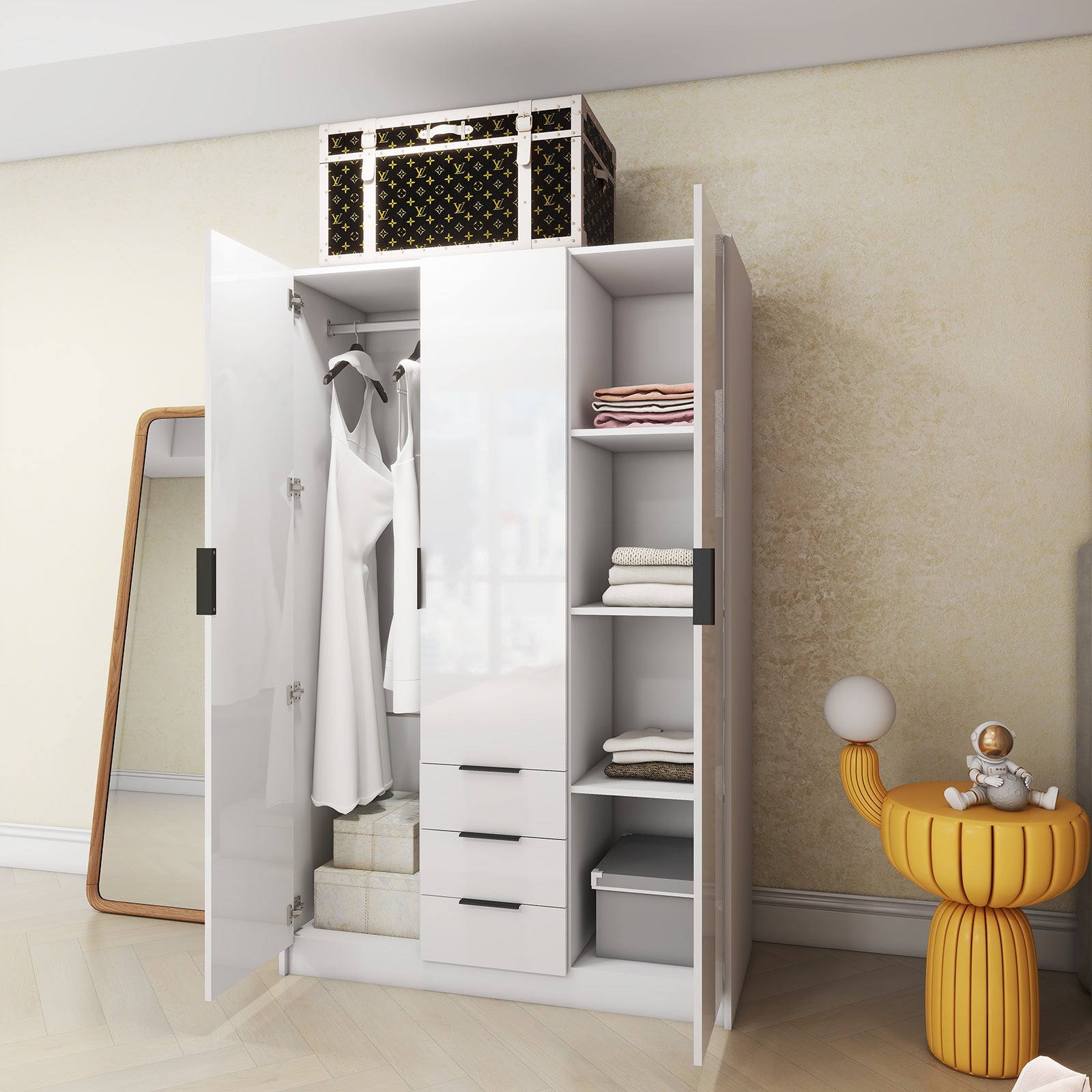 Vox - Wardrobe - 3 Doors and 3 Drawers - Glossy White