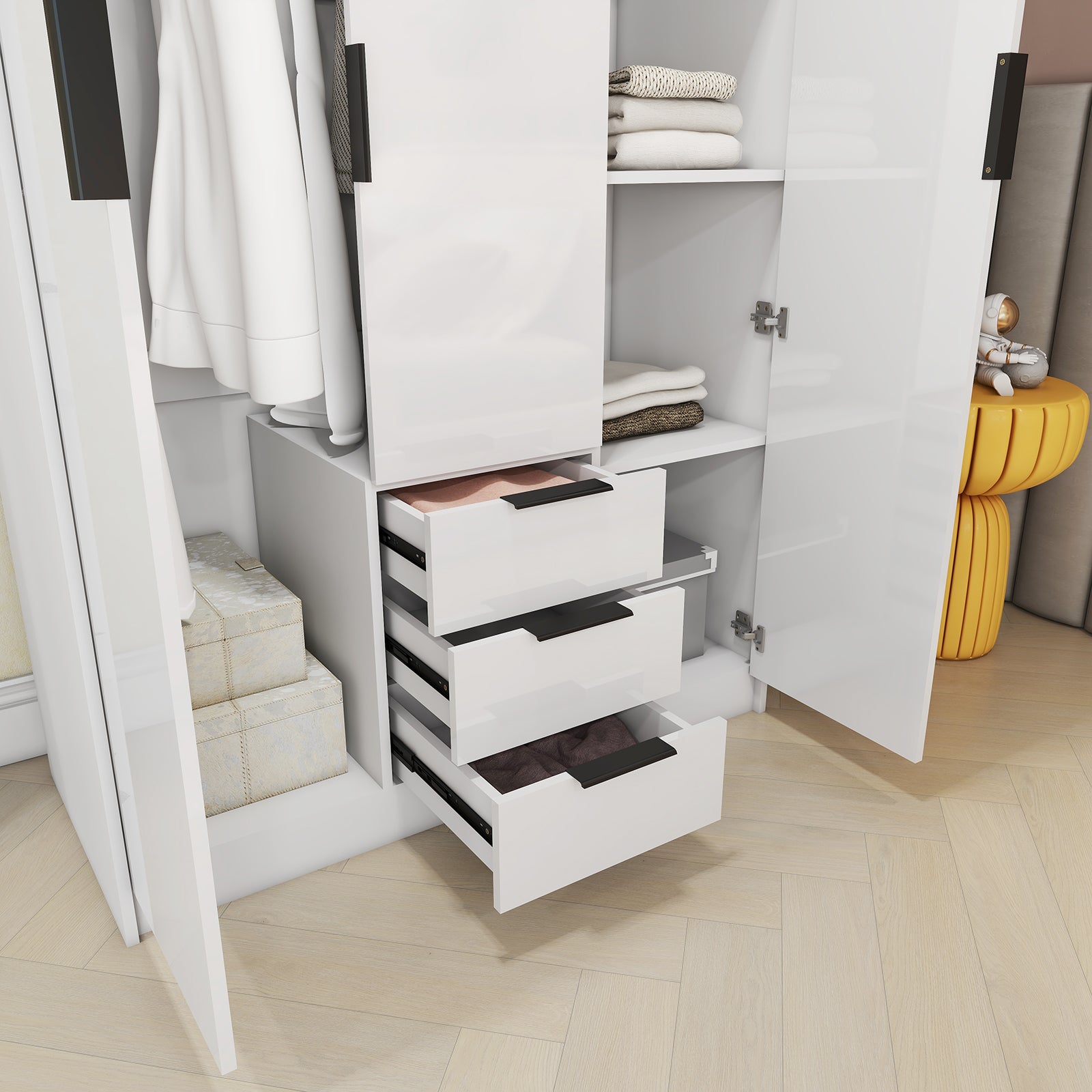 Vox - Wardrobe - 3 Doors and 3 Drawers - Glossy White