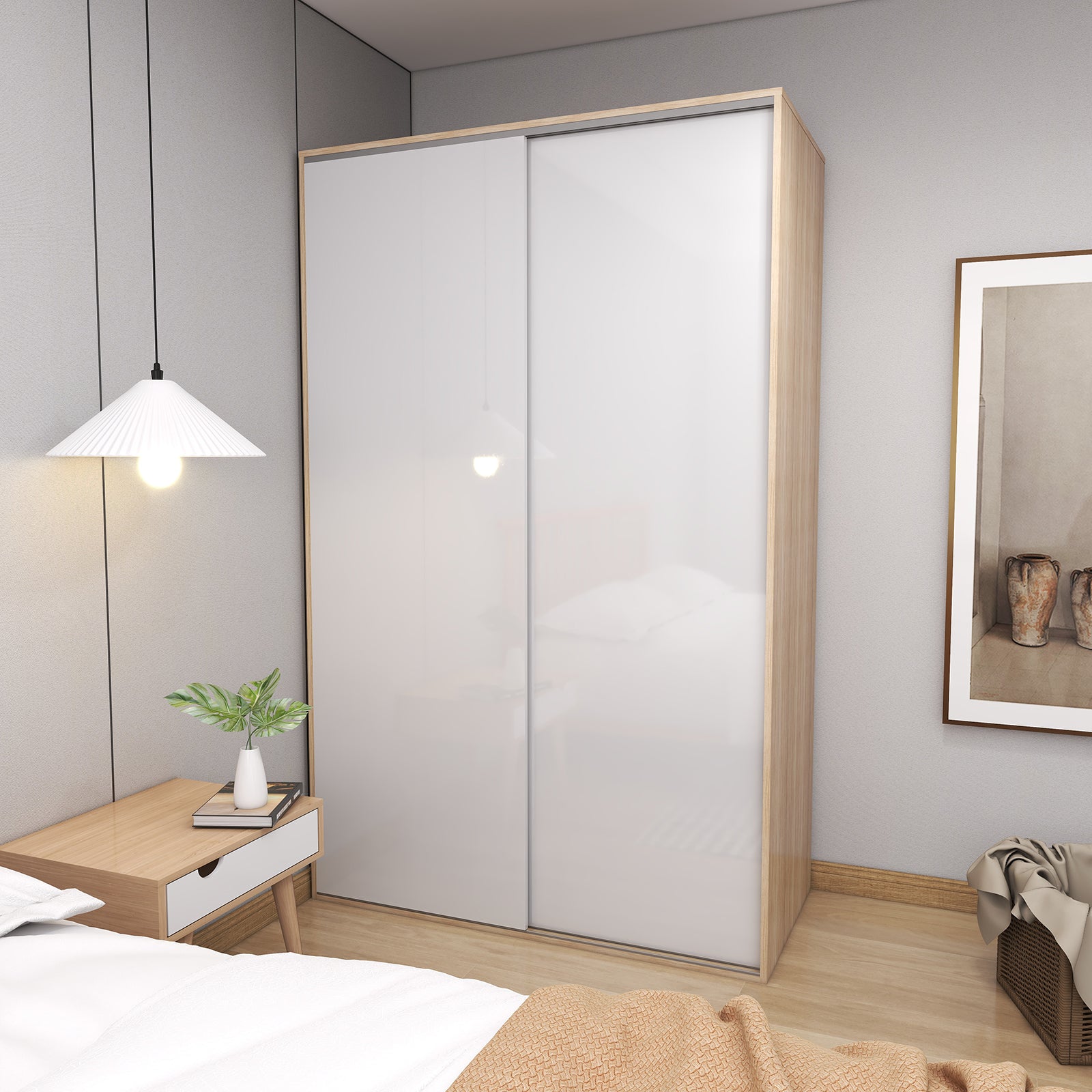 Vista - Wardrobe - Sliding Doors - Glossy White and Oak