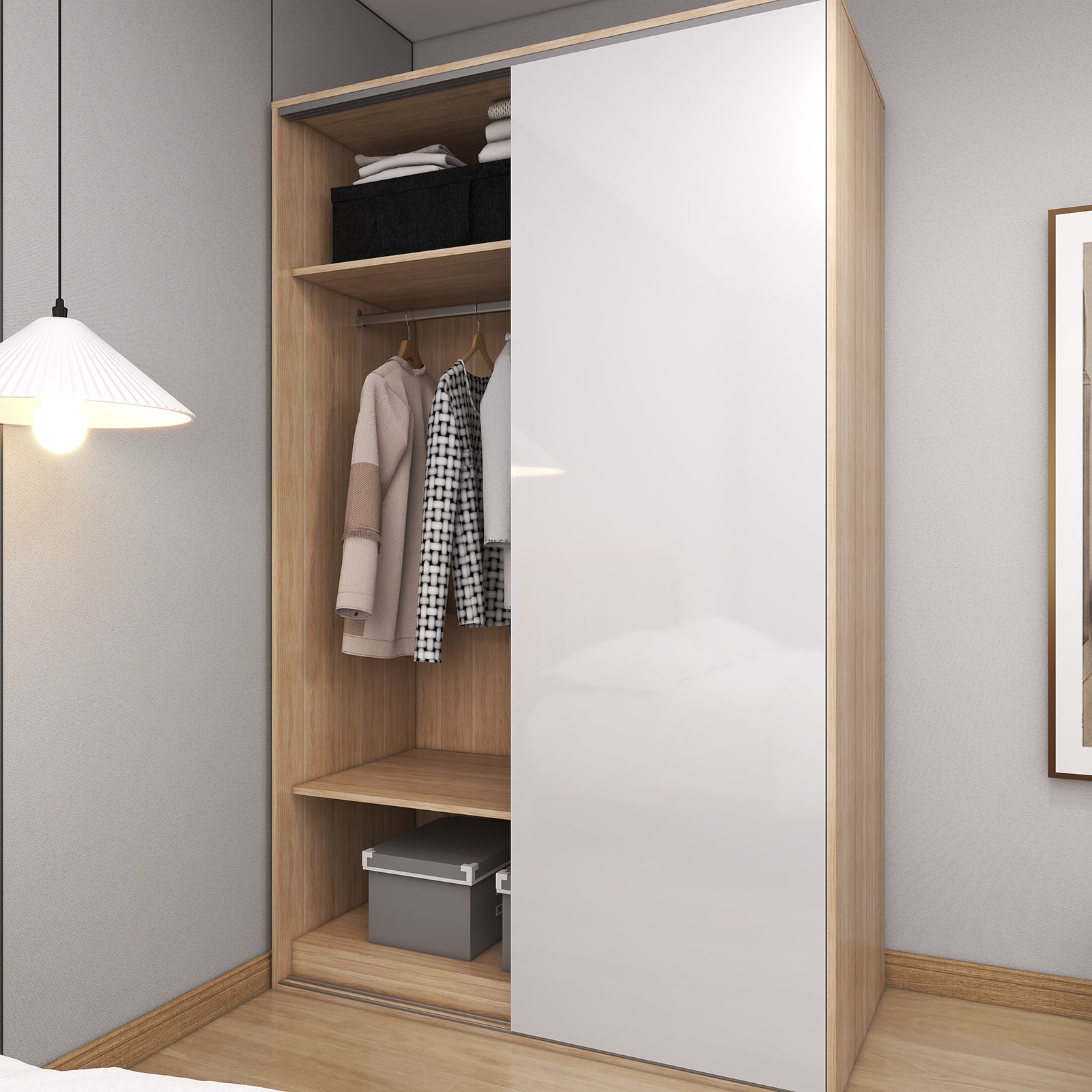 Vista - Wardrobe - Sliding Doors - Glossy White and Oak