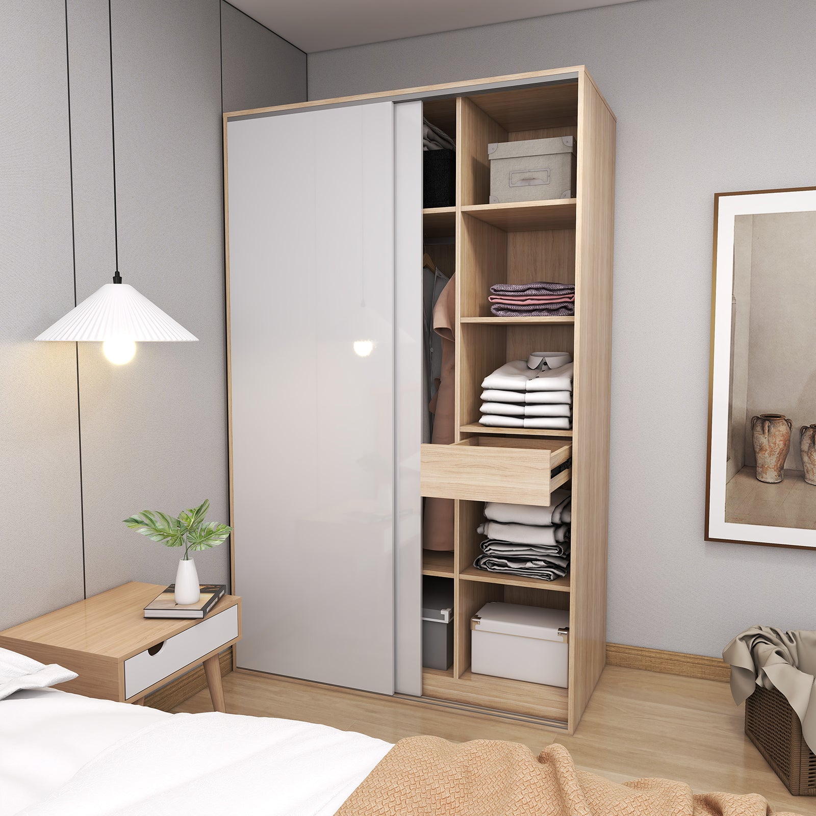 Vista - Wardrobe - Sliding Doors - Glossy White and Oak