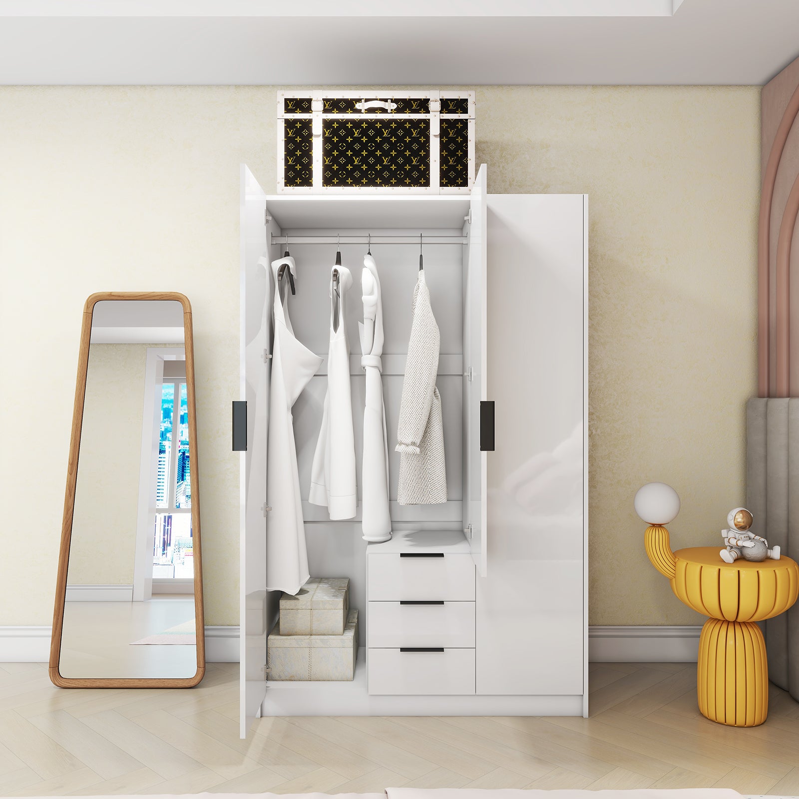 Vox - Wardrobe - 3 Doors and 3 Drawers - Glossy White