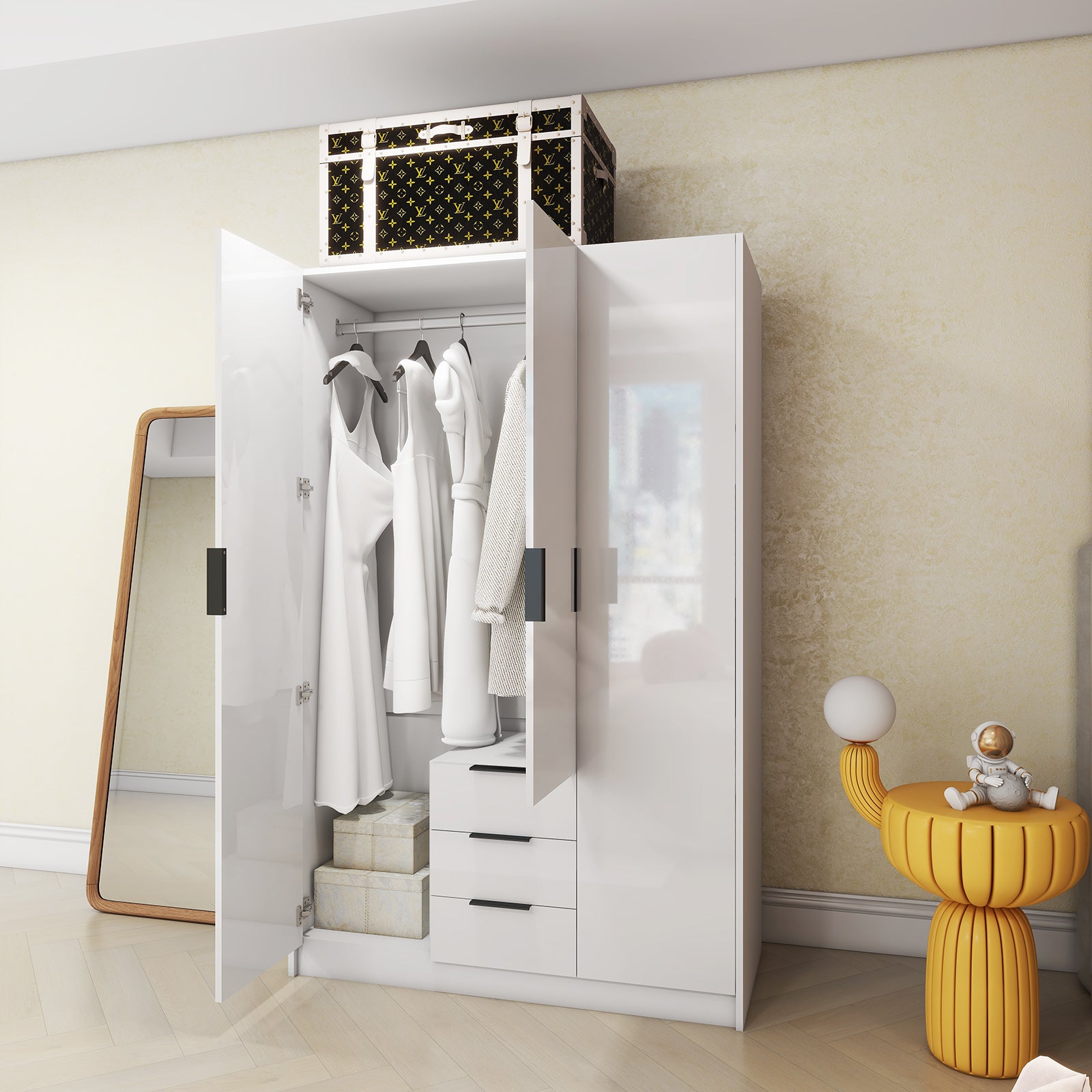 Vox - Wardrobe - 3 Doors and 3 Drawers - Glossy White