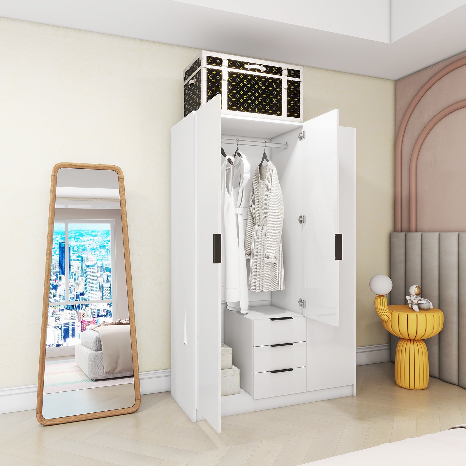 Vox - Wardrobe - 3 Doors and 3 Drawers - Glossy White