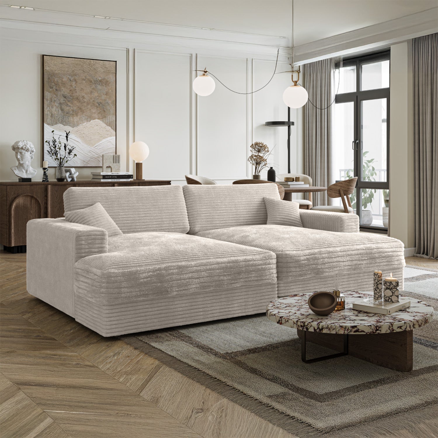 Jansen - Sofa - Beige corduroy with 2 lounge chairs