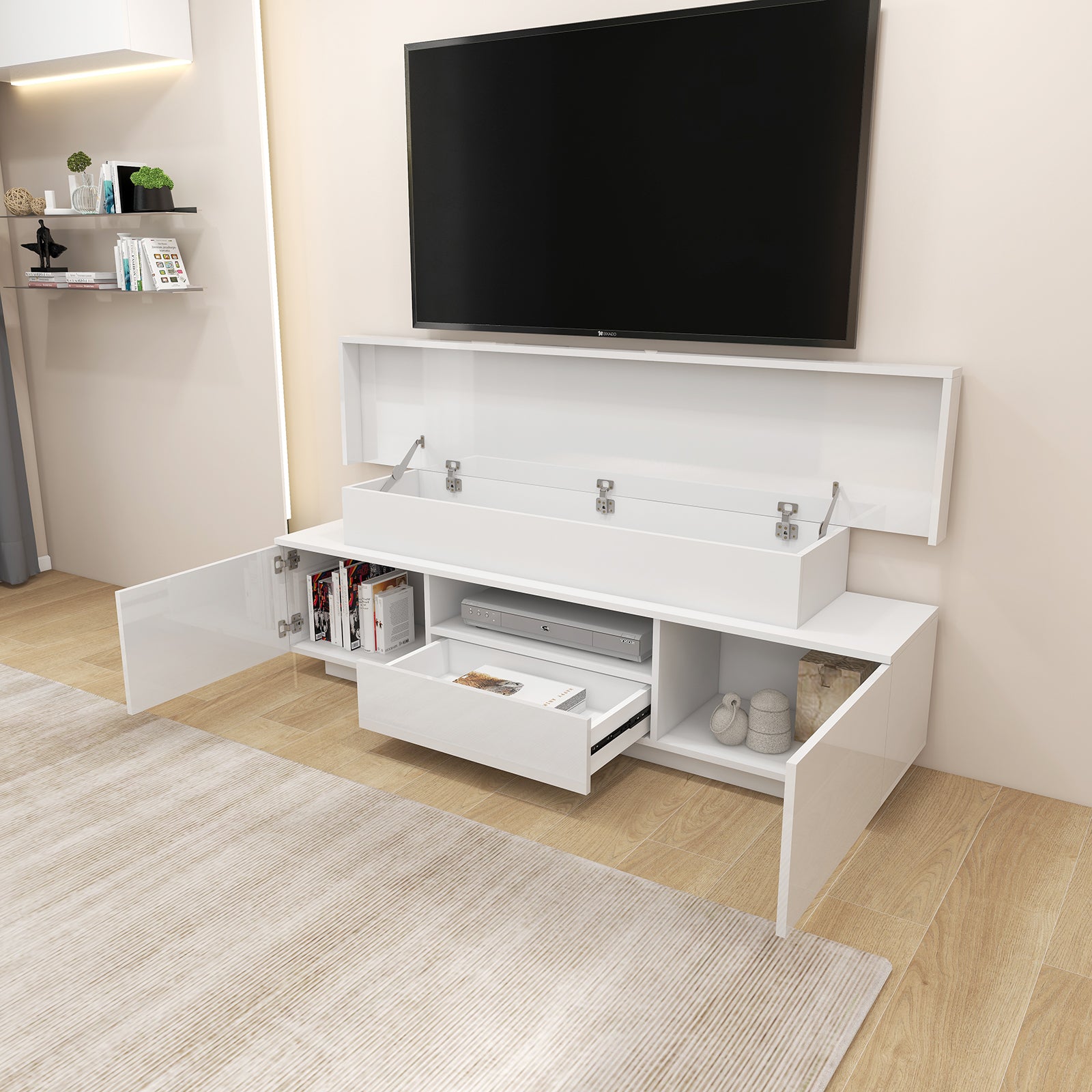 Julia - LED TV Stand - Entertainment Unit - Glossy White - 63in