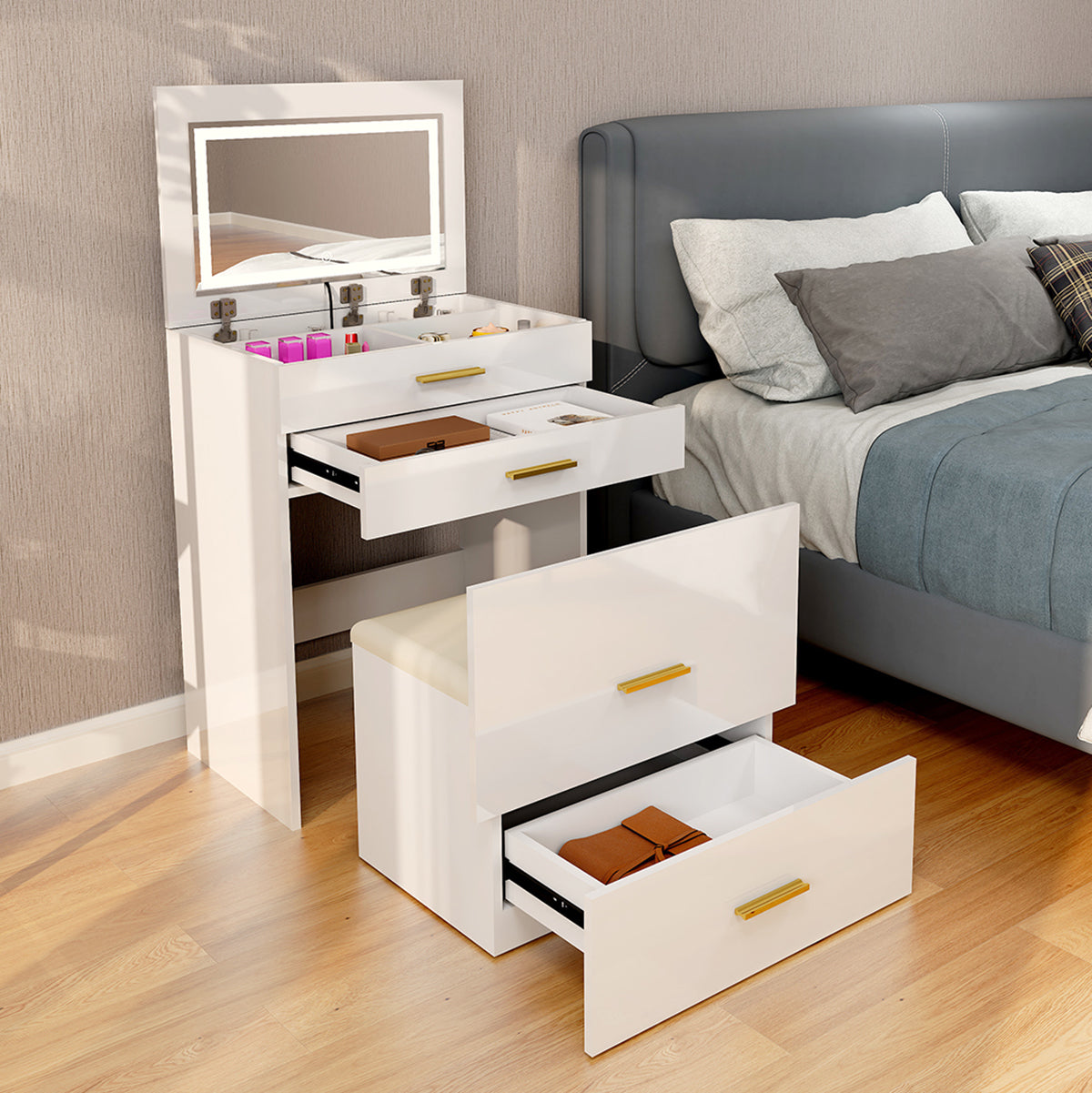 Lina - Dressing table with seat and drawers - Vanity - Glossy White