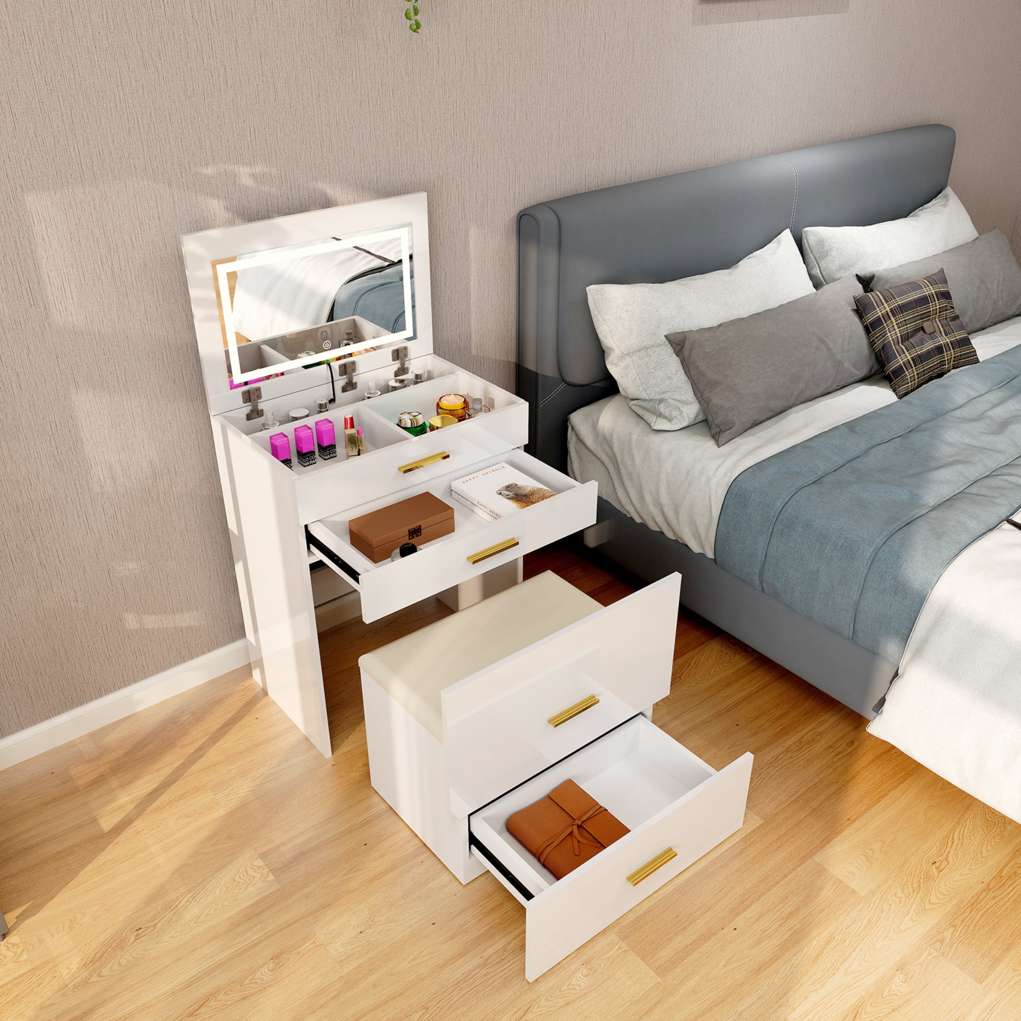 Lina - Dressing table with seat and drawers - Vanity - Glossy White