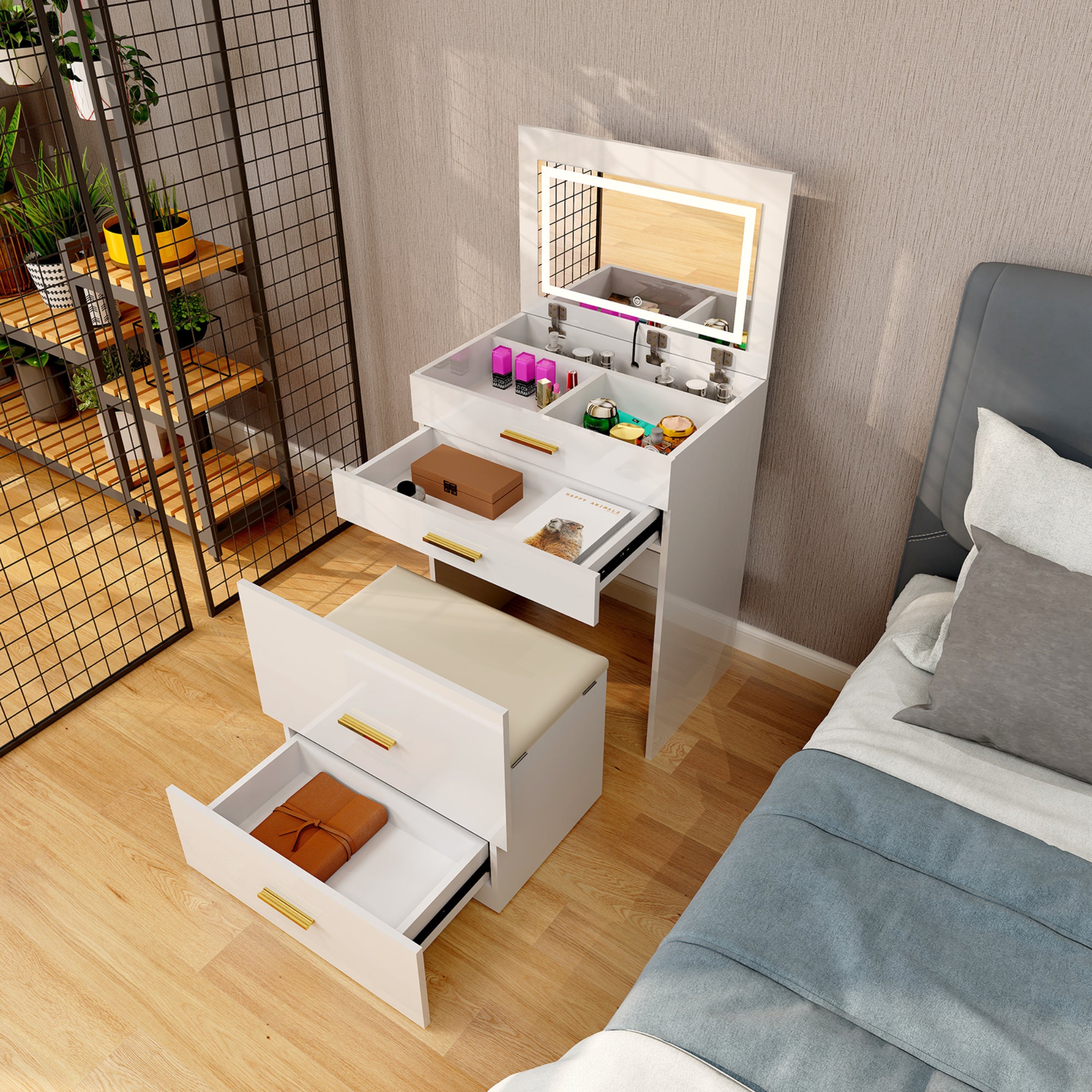 Lina - Dressing table with seat and drawers - Vanity - Glossy White