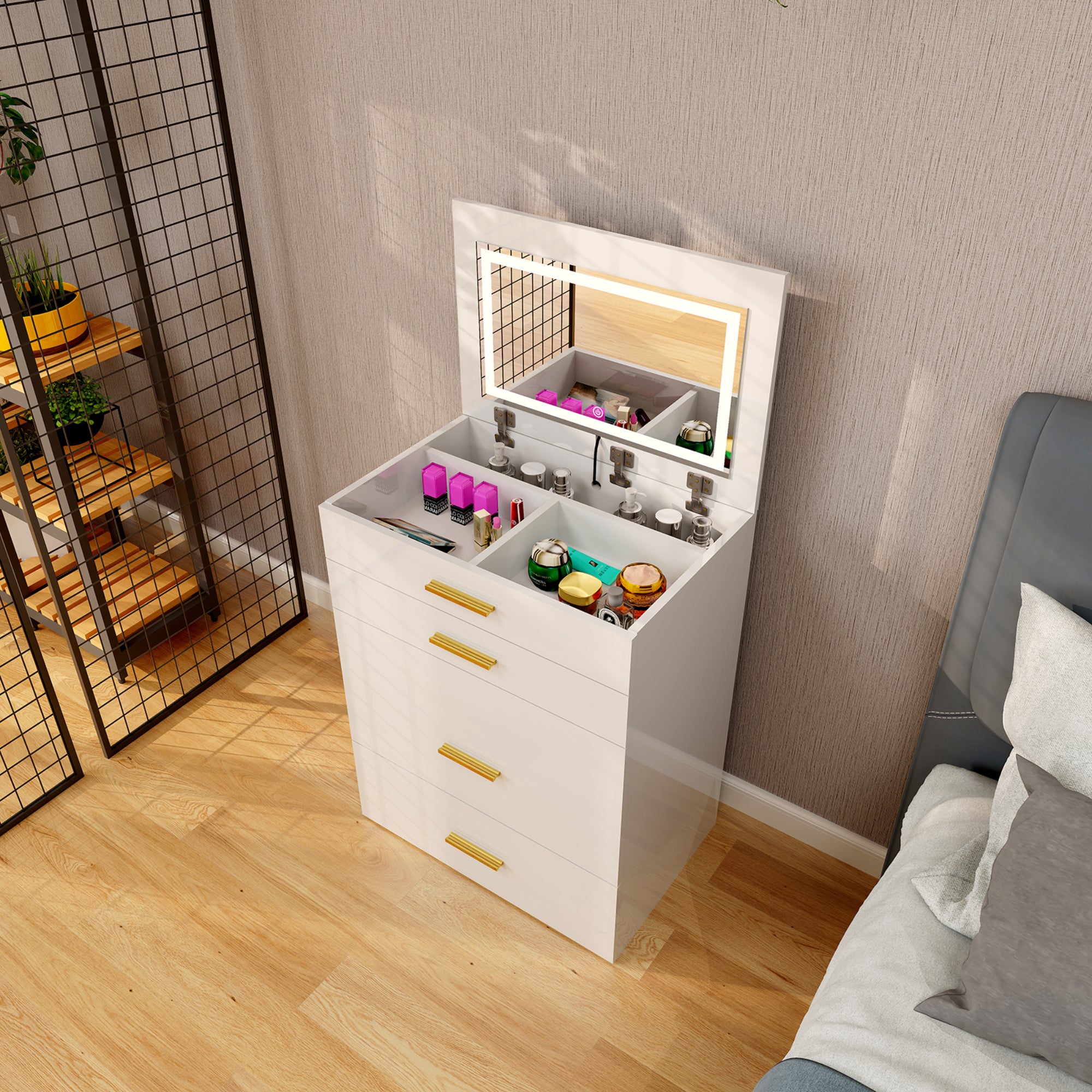 Lina - Dressing table with seat and drawers - Vanity - Glossy White