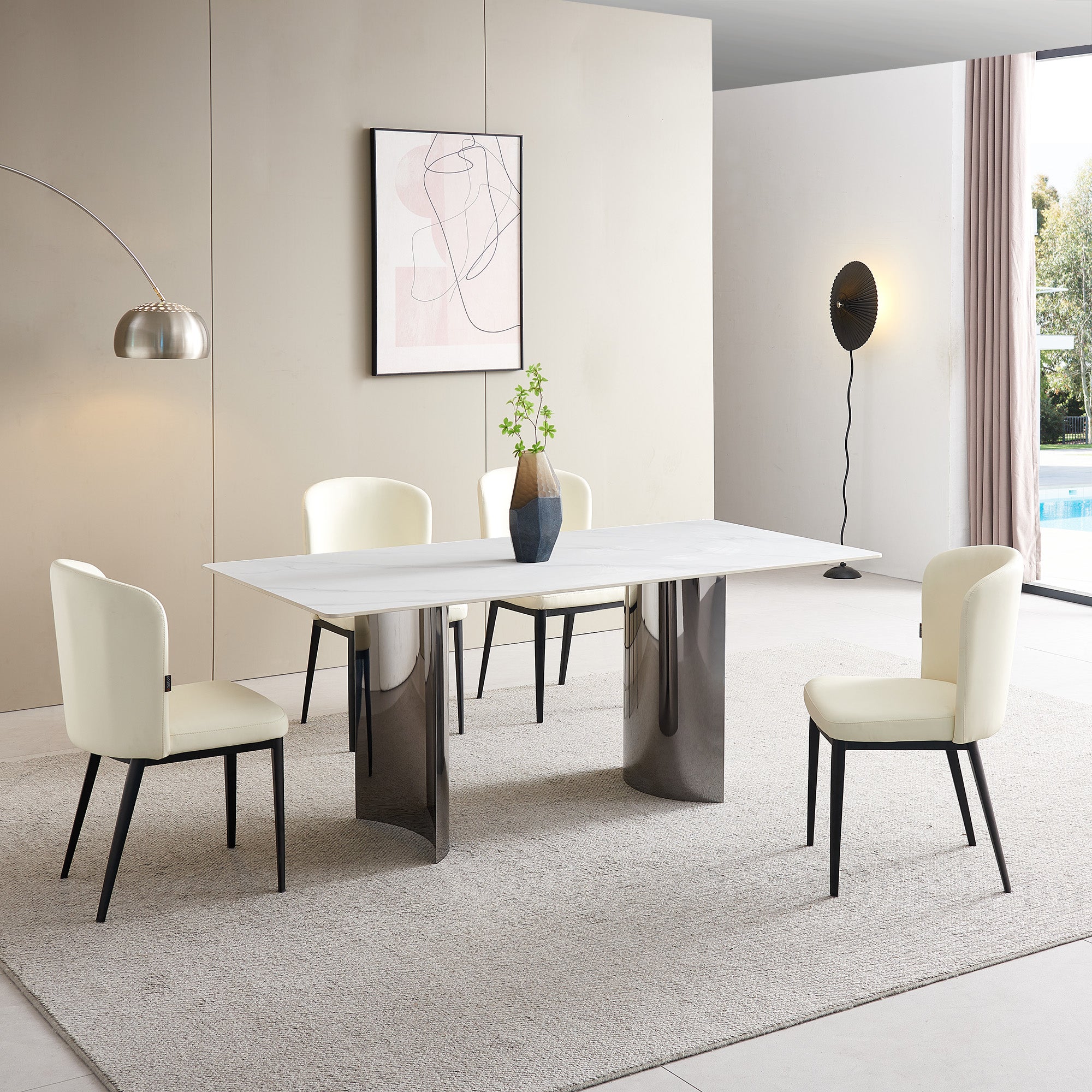 Dining Table - 36"x71" - White Ceramic / Mirrored Silver Metal