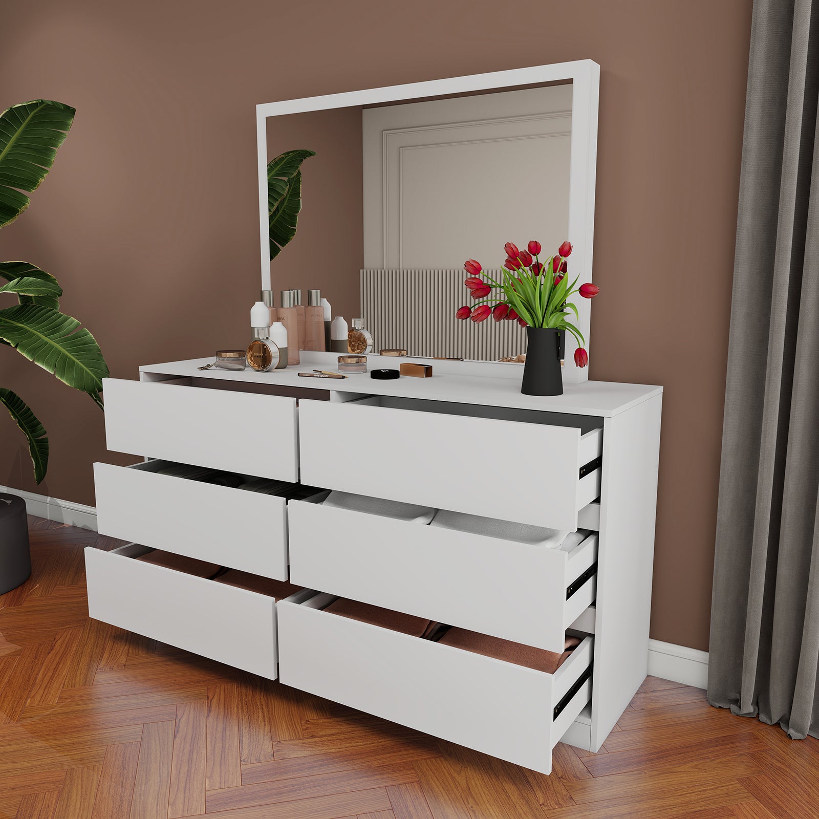 Verna - 6-Drawer Dresser with Mirror - Glossy White