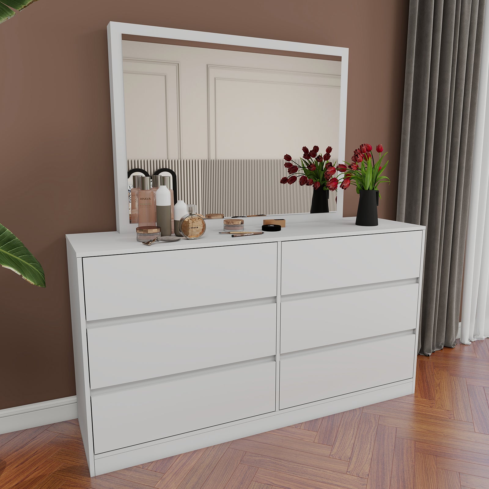 Verna - 6-Drawer Dresser with Mirror - Glossy White
