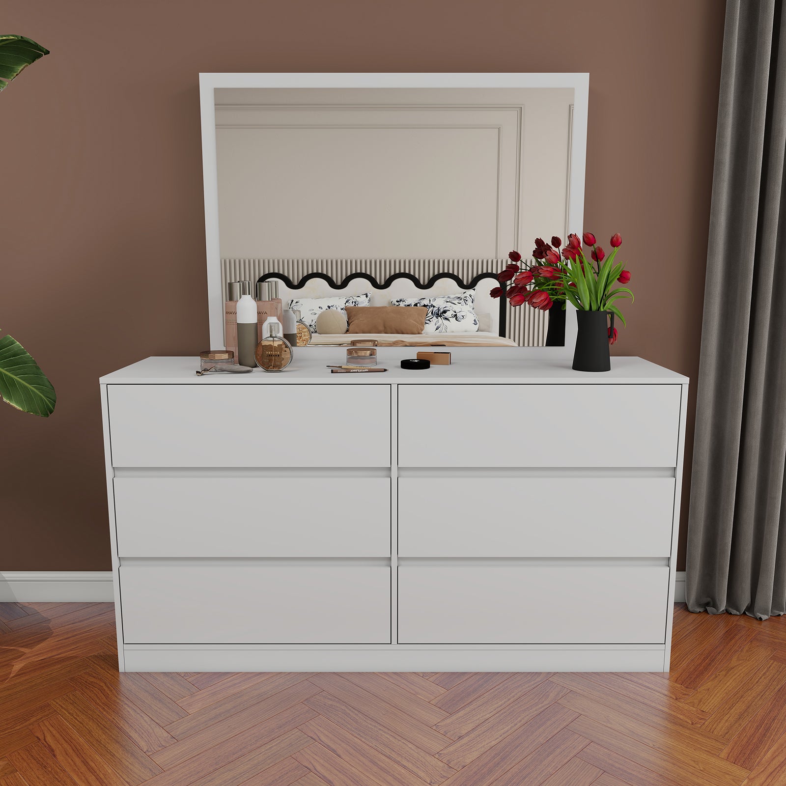 Verna - 6-Drawer Dresser with Mirror - Glossy White