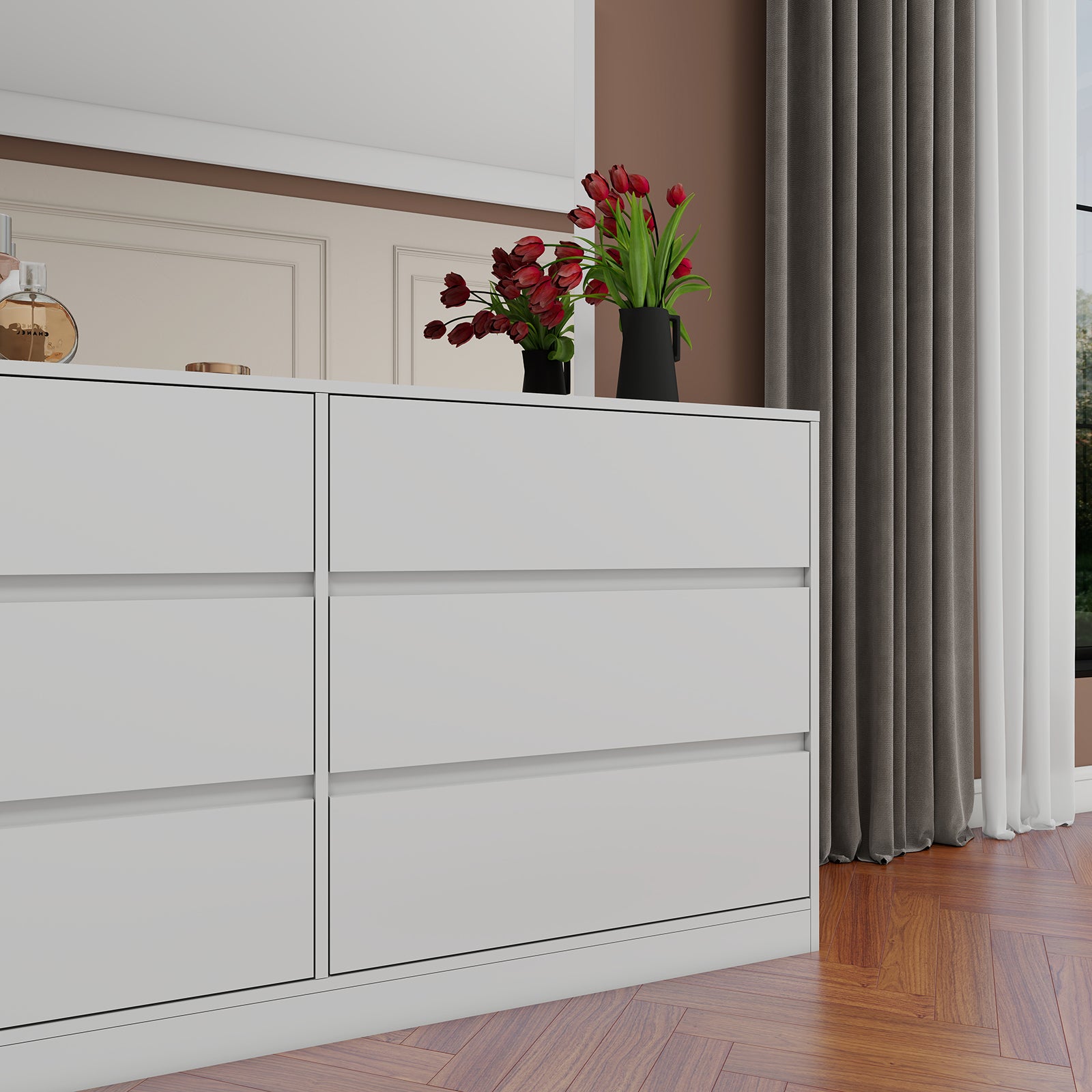 Verna - 6-Drawer Dresser with Mirror - Glossy White