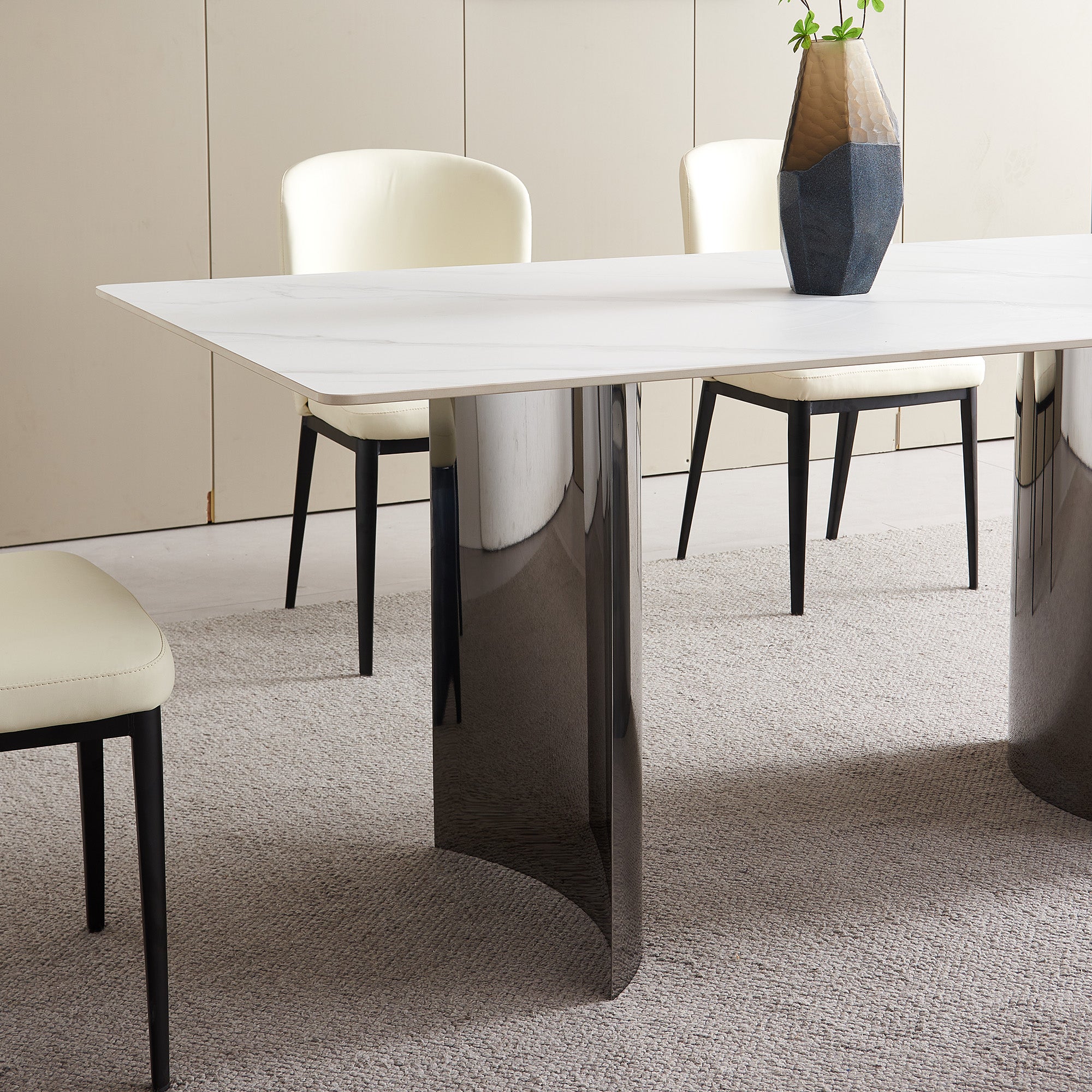 Dining Table - 36"x71" - White Ceramic / Mirrored Silver Metal