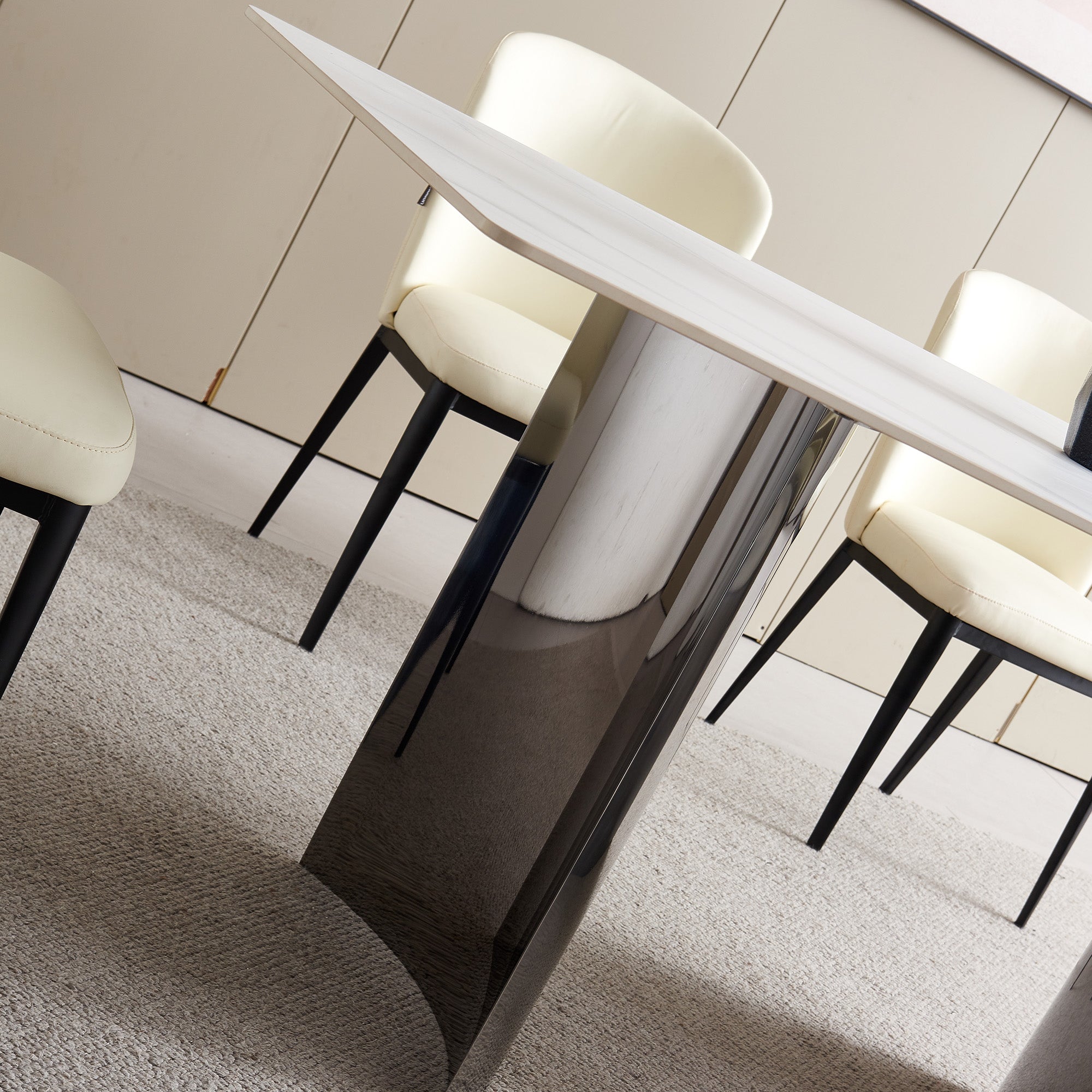 Dining Table - 36"x71" - White Ceramic / Mirrored Silver Metal