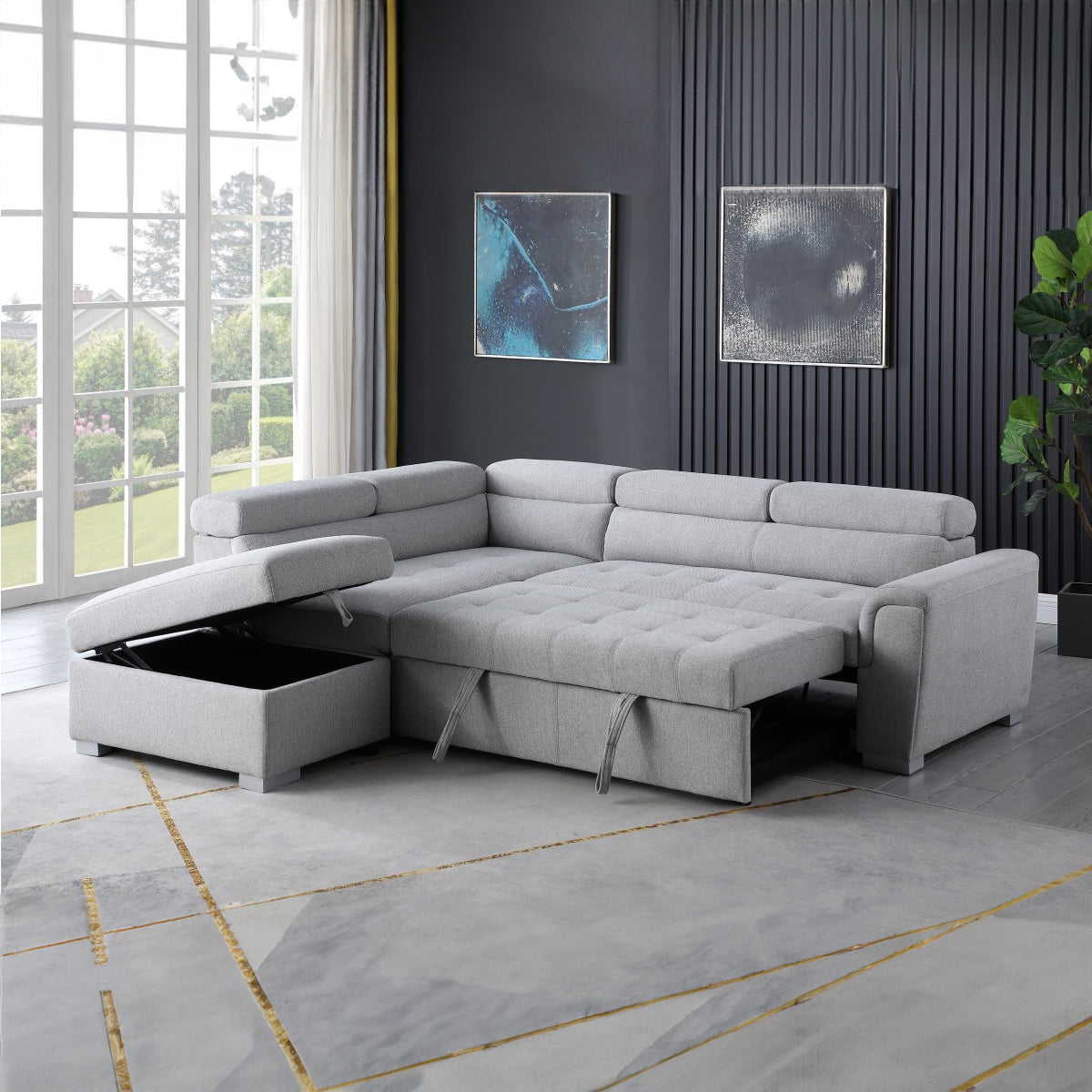 Mia - Sectional Sofa Bed - Pale Grey Fabric