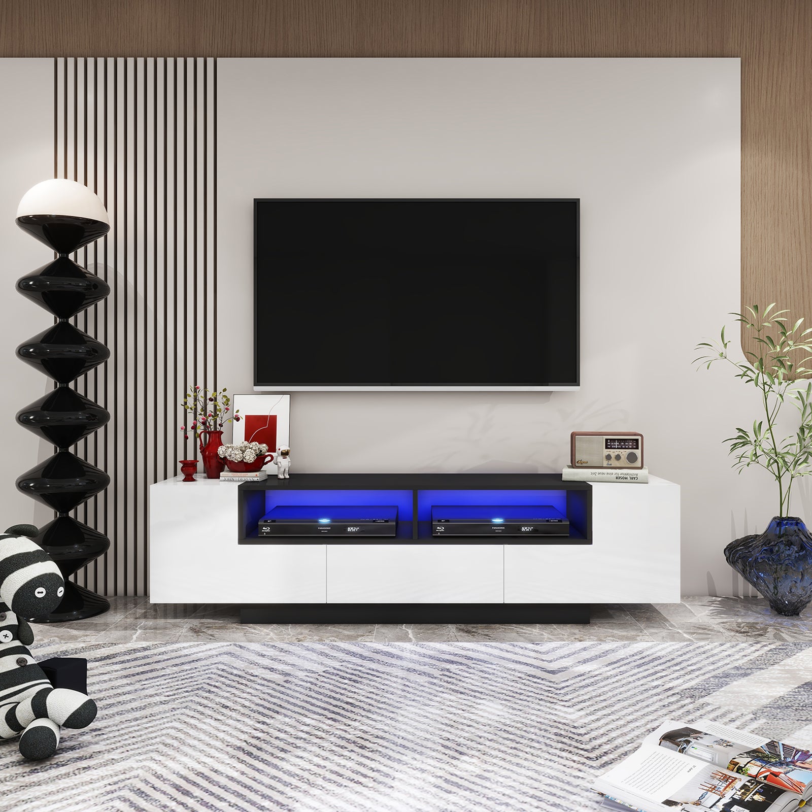 Carson - LED TV Stand - Entertainment Unit - High Gloss Black and White - 70in