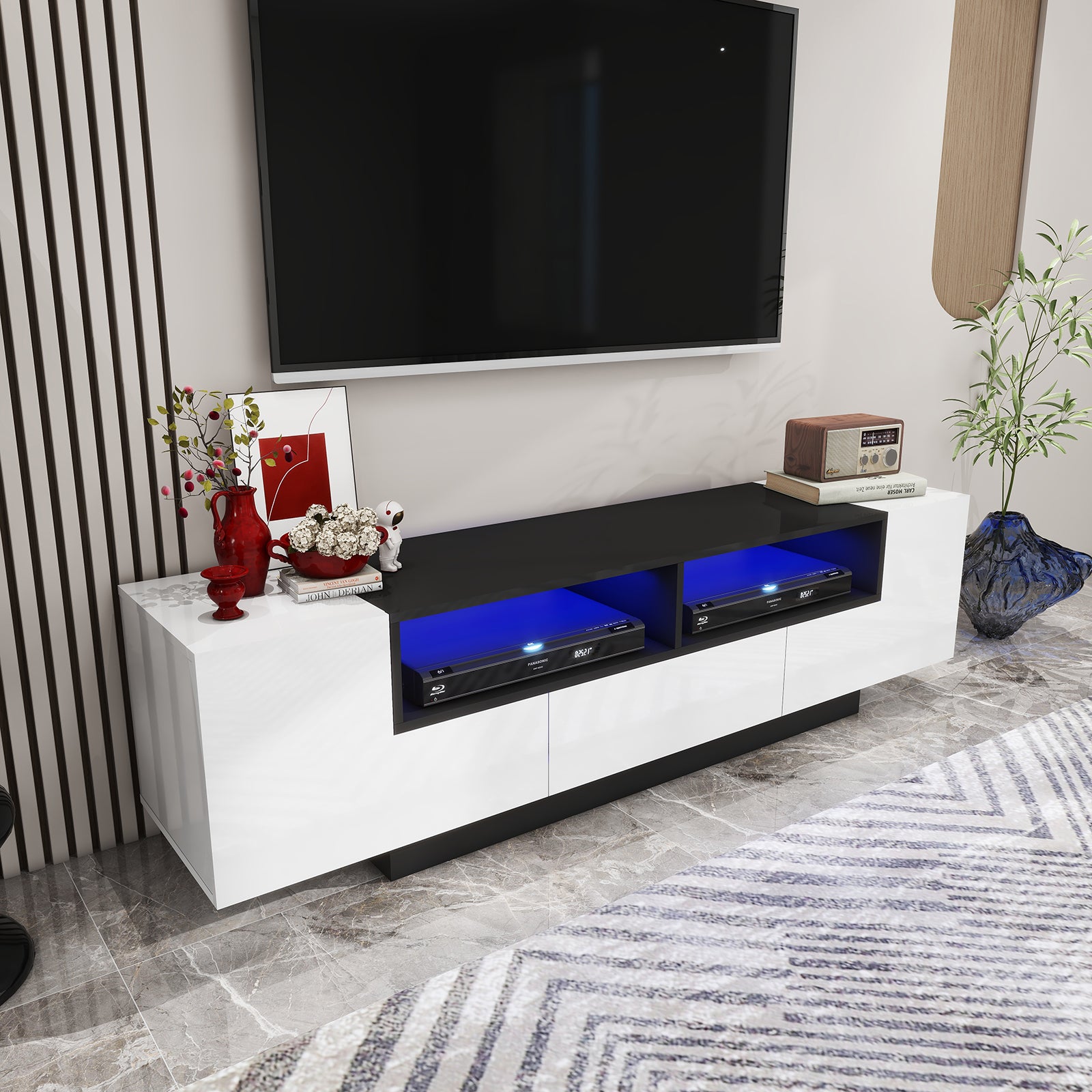Carson - LED TV Stand - Entertainment Unit - High Gloss Black and White - 70in