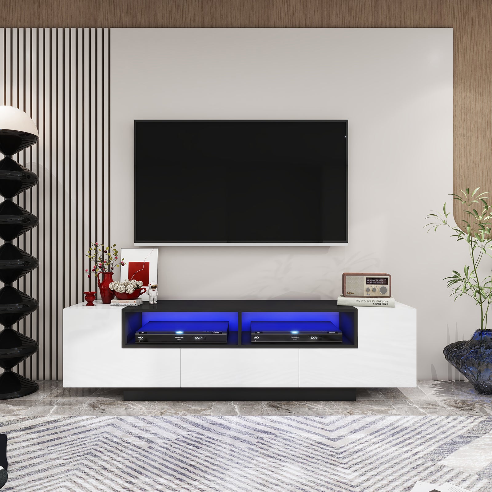 Carson - LED TV Stand - Entertainment Unit - High Gloss Black and White - 70in