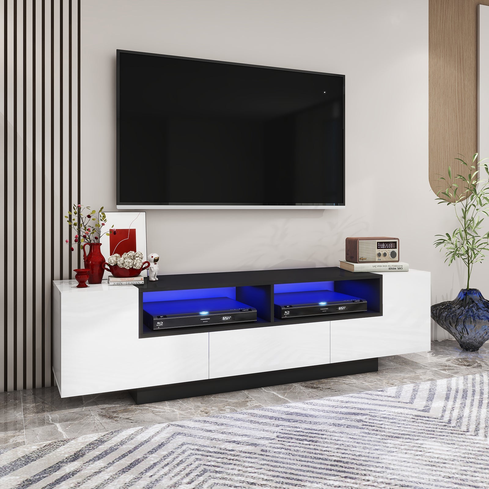 Carson - LED TV Stand - Entertainment Unit - High Gloss Black and White - 70in
