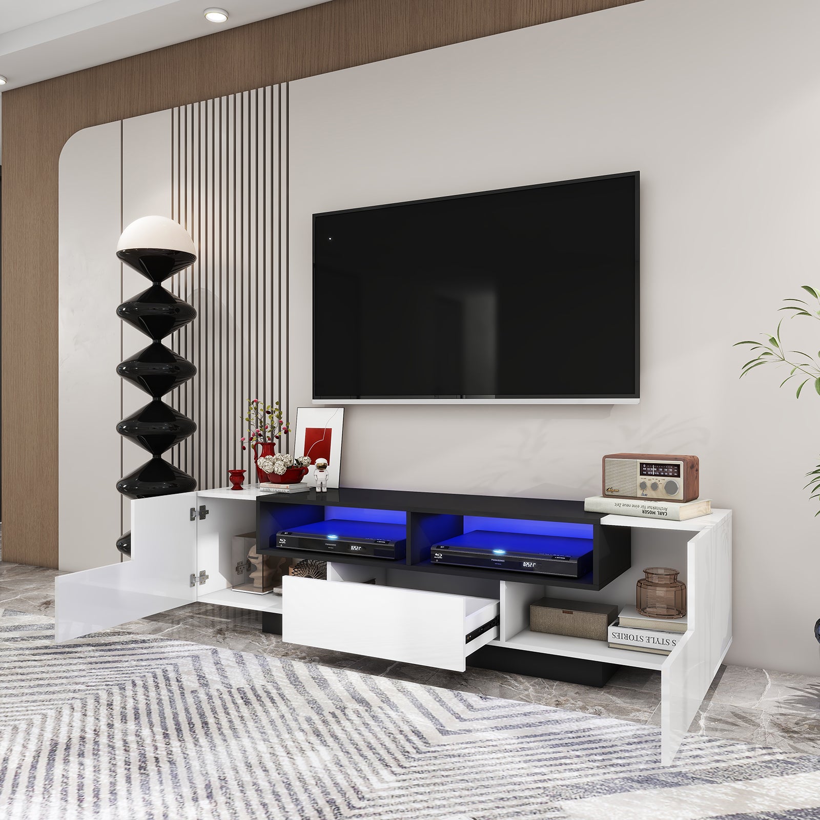 Carson - LED TV Stand - Entertainment Unit - High Gloss Black and White - 70in