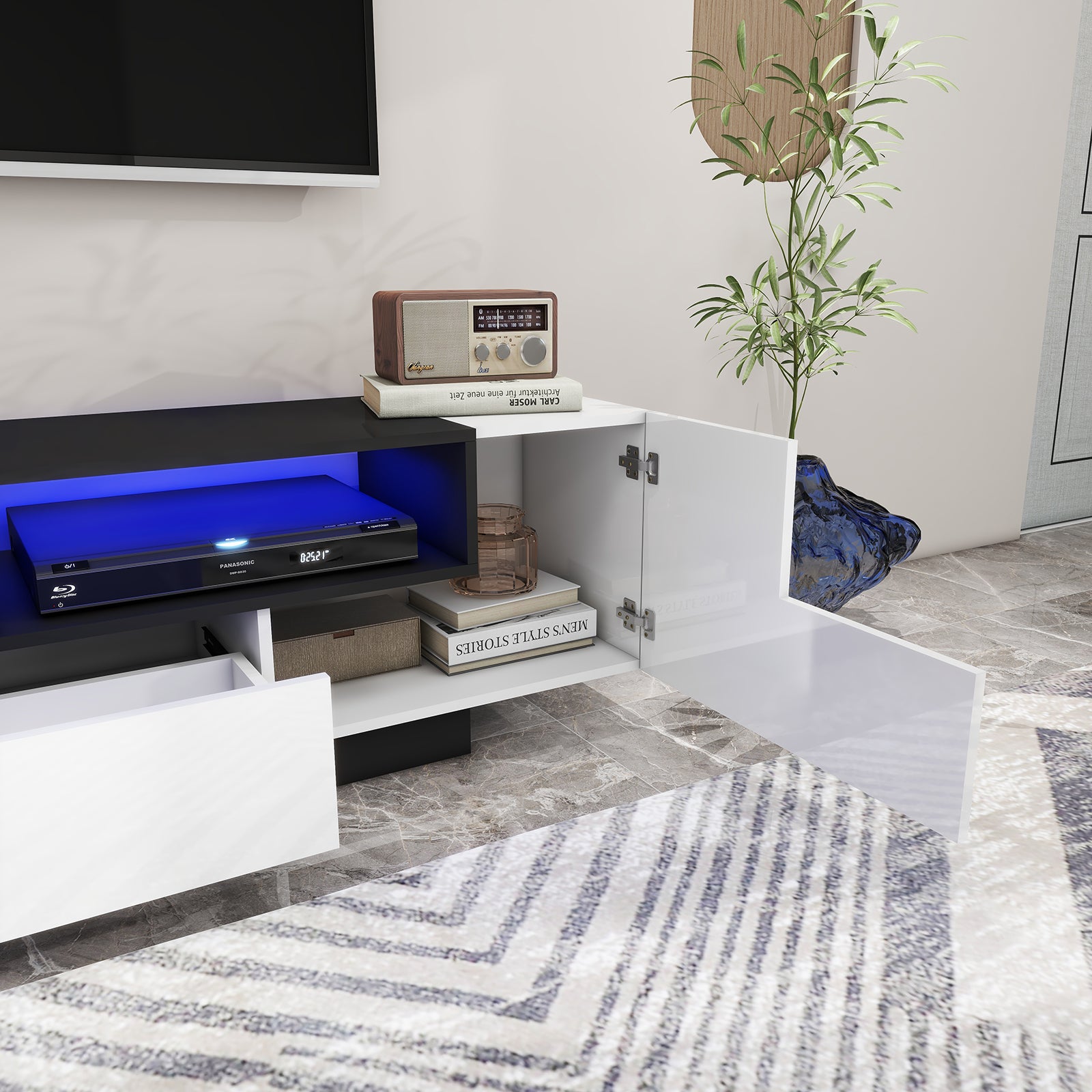 Carson - LED TV Stand - Entertainment Unit - High Gloss Black and White - 70in