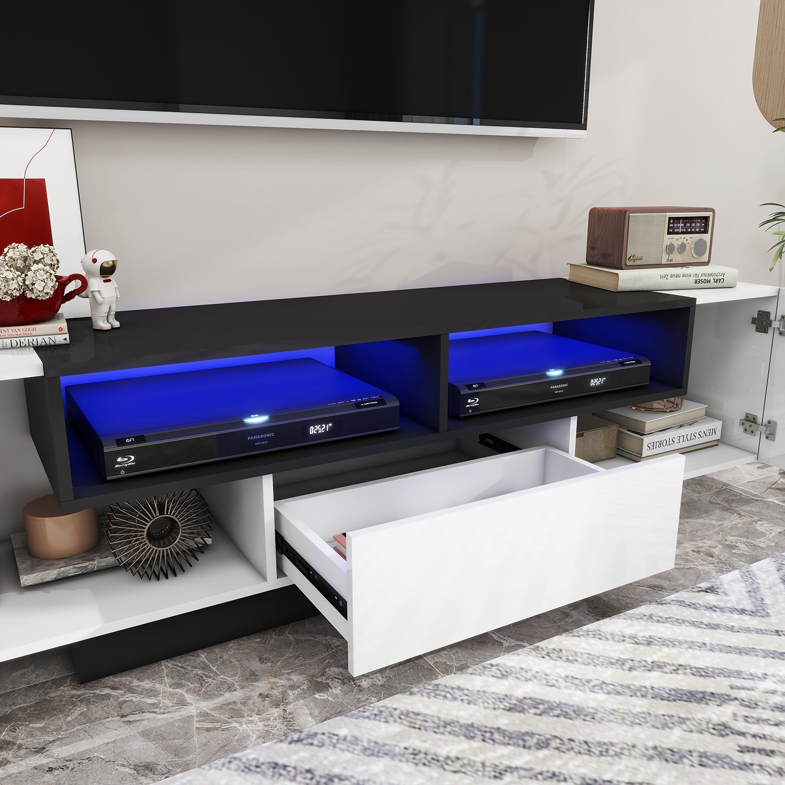 Carson - LED TV Stand - Entertainment Unit - High Gloss Black and White - 70in