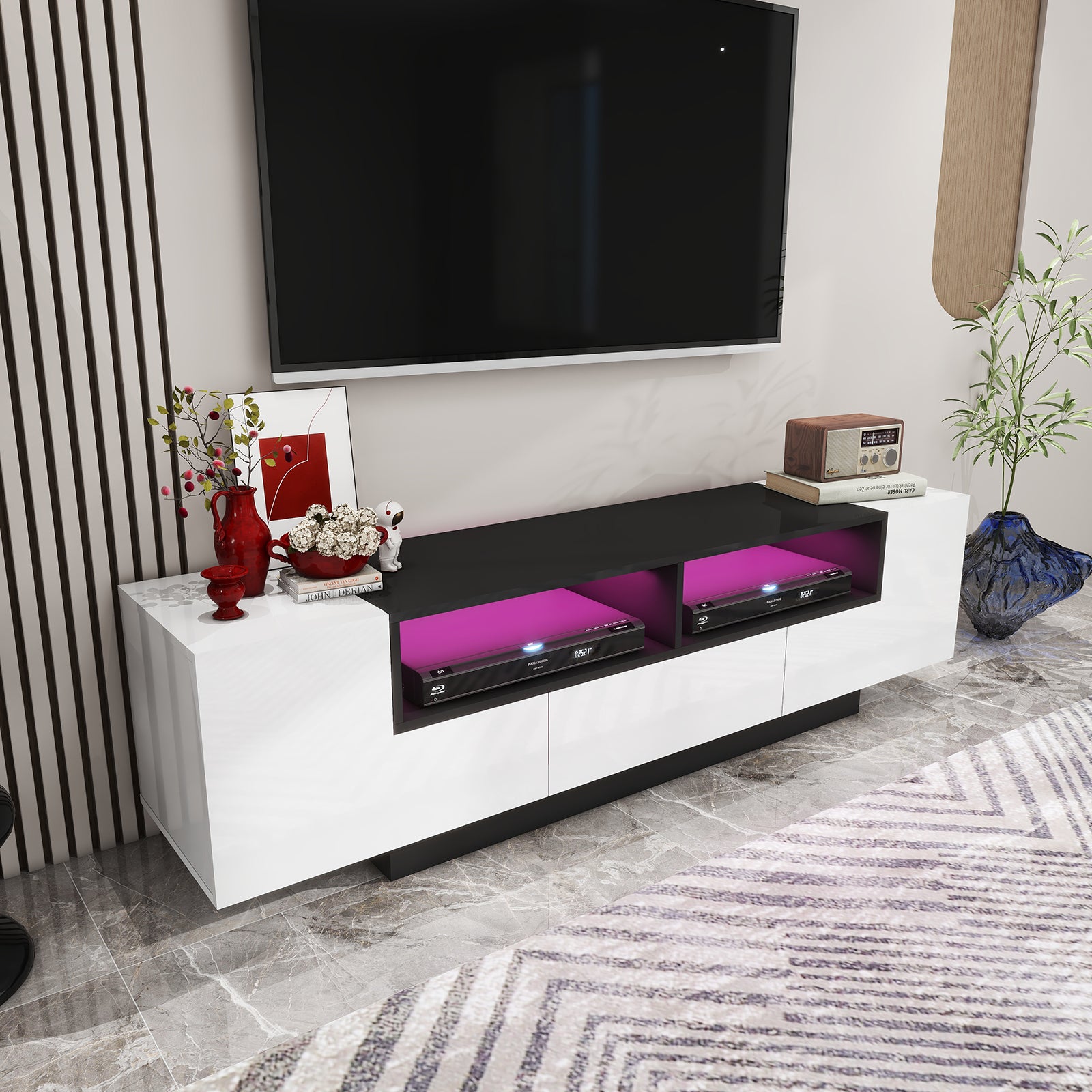 Carson - LED TV Stand - Entertainment Unit - High Gloss Black and White - 70in