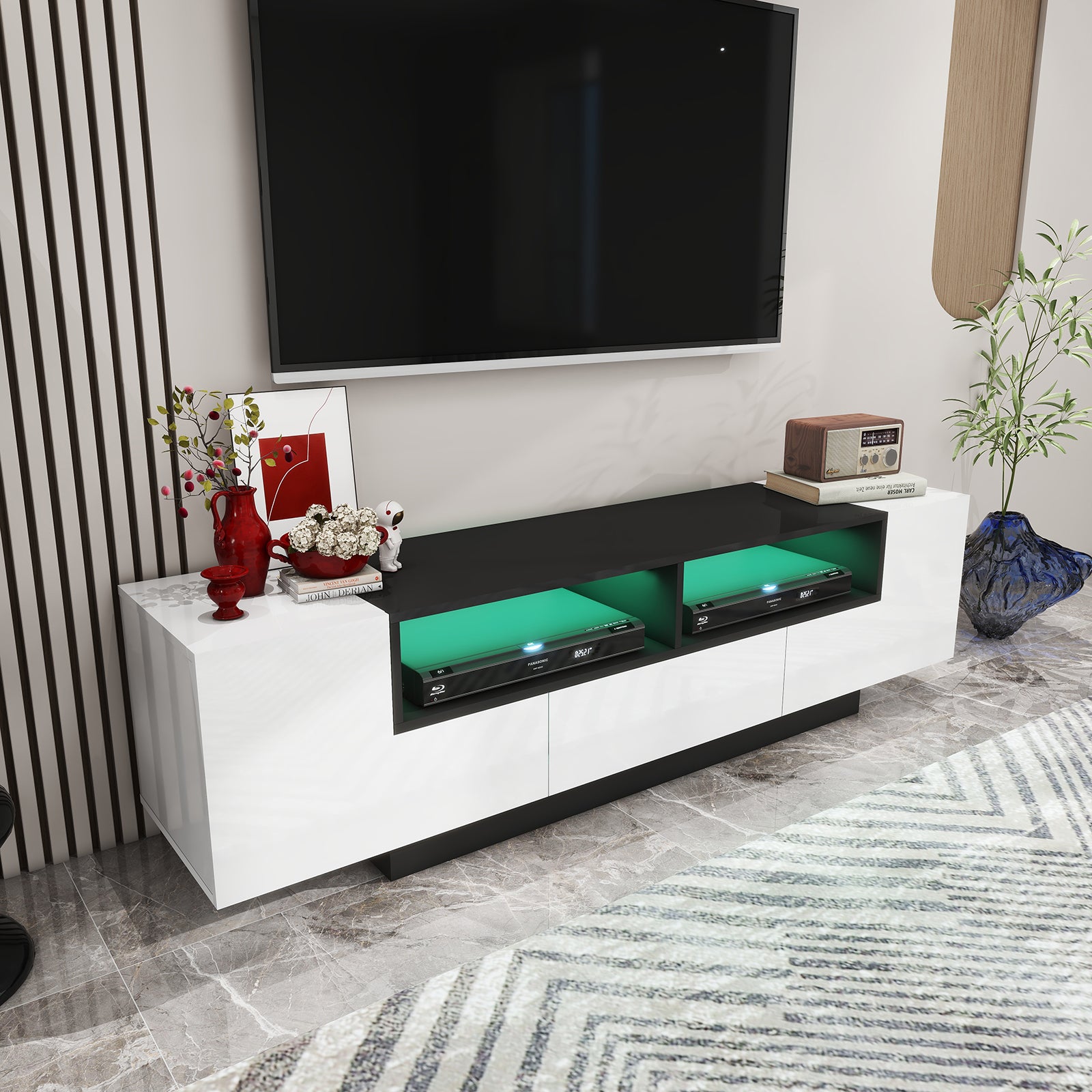 Carson - LED TV Stand - Entertainment Unit - High Gloss Black and White - 70in