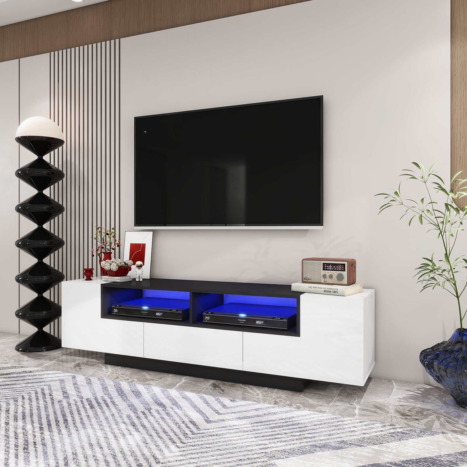 Carson - LED TV Stand - Entertainment Unit - High Gloss Black and White - 70in