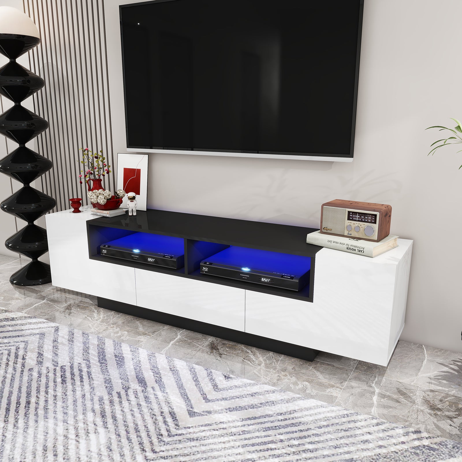Carson - LED TV Stand - Entertainment Unit - High Gloss Black and White - 70in