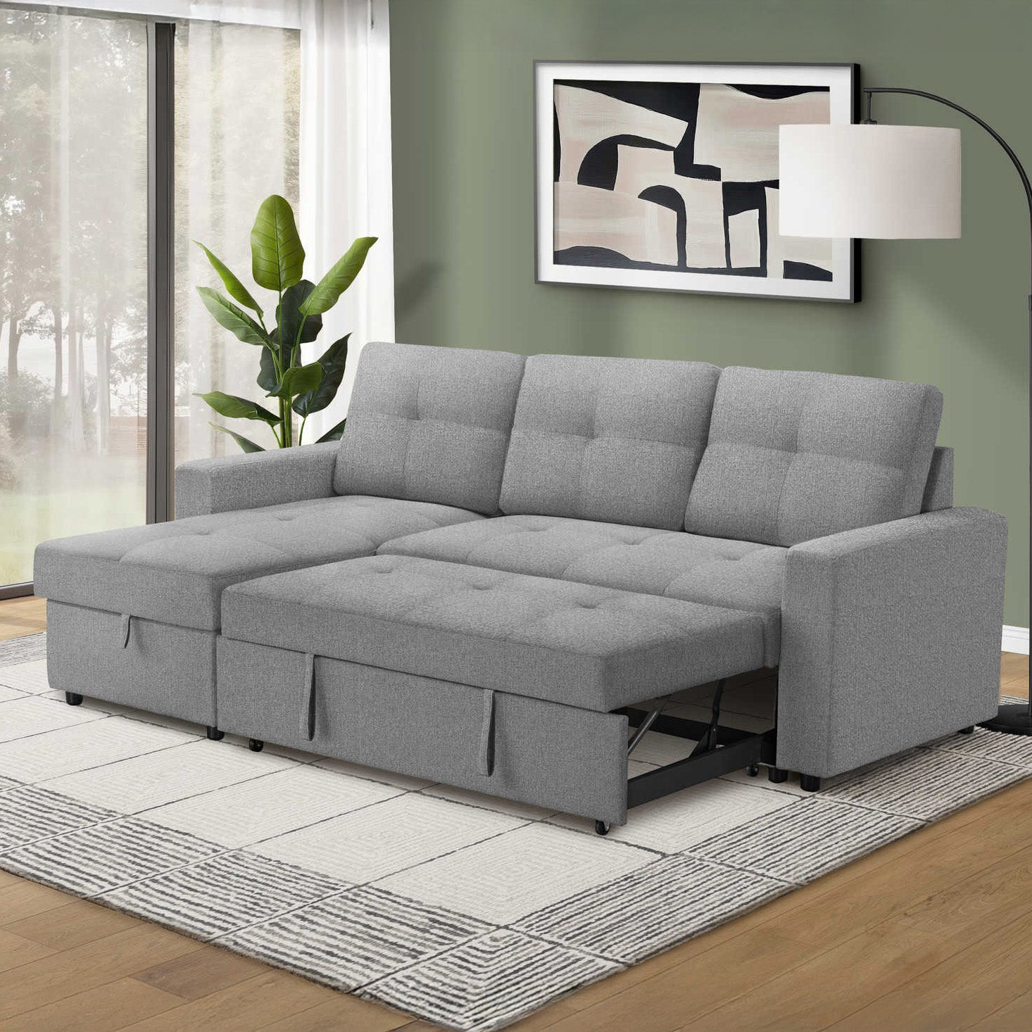 Leana - Sofa Lit Sectionnel Réversible - Tissu Gris Pâle