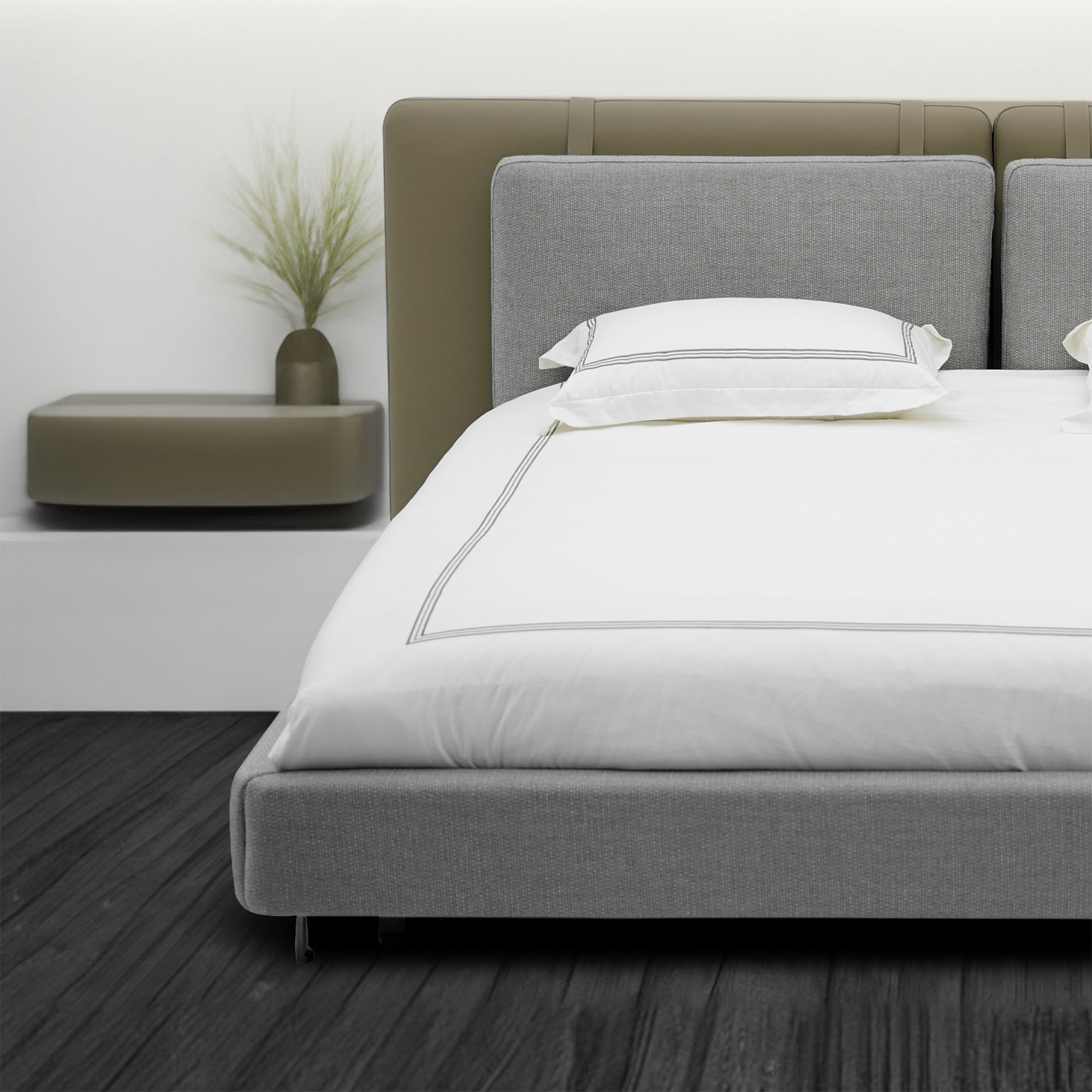 Mia - Lit King - Tissu Gris et Cuir Vert