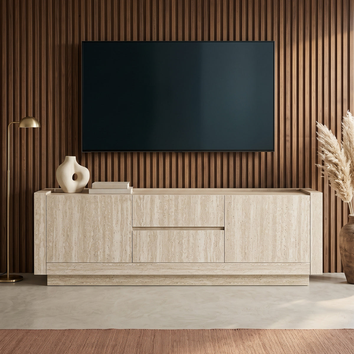 Alec - TV Stand - Travertine Stone Effect
