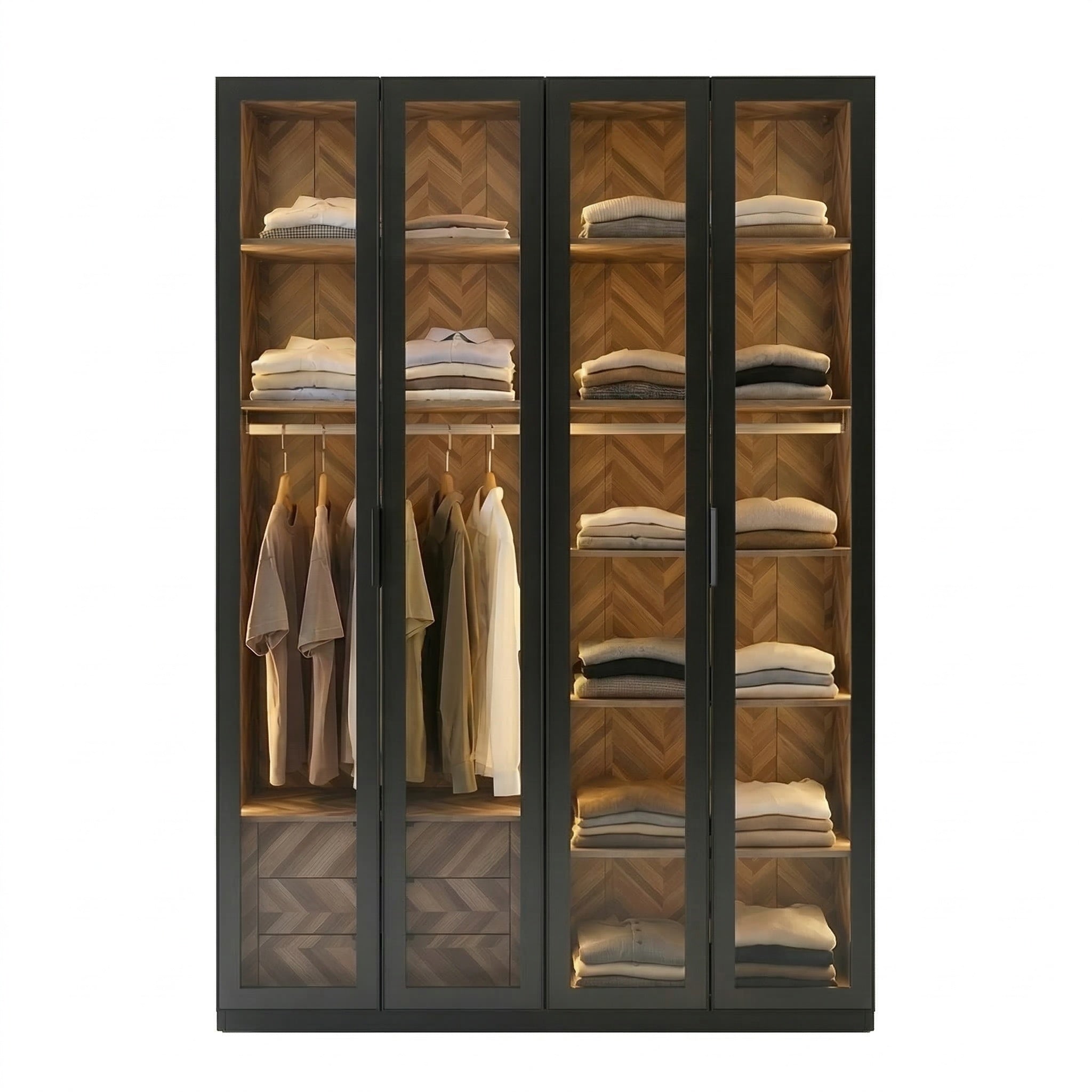 Alvero - Wardrobe - 4 Doors and 3 Drawers - Black and Wood